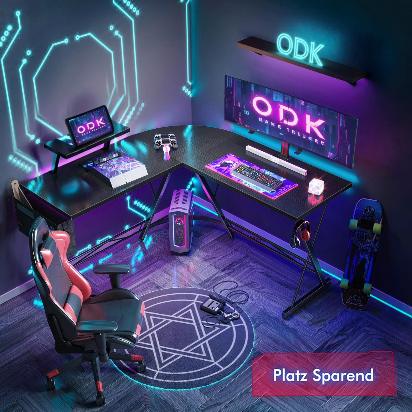 ODK Gaming Tisch, Gaming Schreibtisch Eckschreibtisch für Gamer, Schreibtisch L Form mit Monitorständer für Büro (Schwarz, 127 x 127 cm)