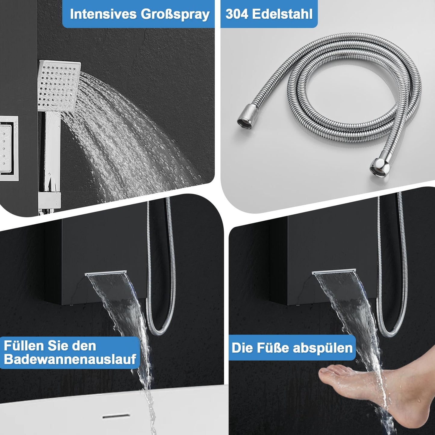 LED Duschpaneel mit Thermostat, OUGOO 6 Funktionen Duschpaneel mit Armatur, Regendusche, Wasserfalldusche, 2-Typ-Massagedüsen, Handbrause und Badewanneneinlauf, 304 Edelstahl, Schwarz