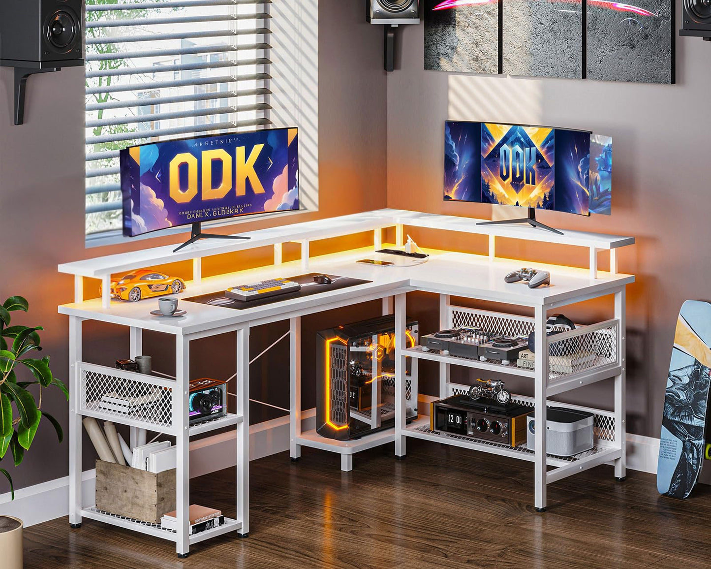 ODK Gaming Tisch mit LED, Reversibel Gaming Schreibtisch mit 2 Steckdosen & 2 USB-Ladeanschlüssen, Eckschreibtisch Groß mit Netzablage, Schwarz 150×102cm