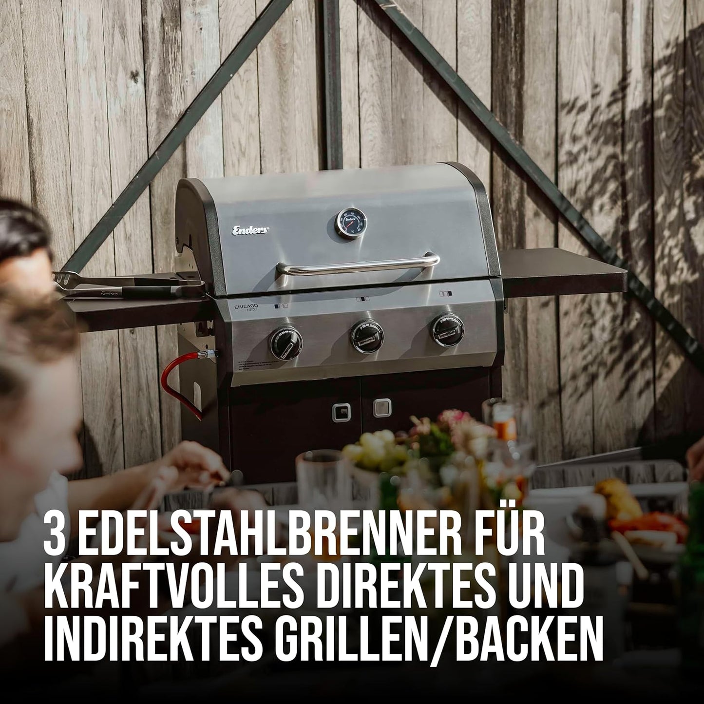Enders® Gasgrill Chicago Next 3, 3-Edelstahlbrenner, doppelwandige Garhaube, Gussrost, 2 abklappbare Seitenablagen, integriertes Thermometer, 9,6 kW #89396