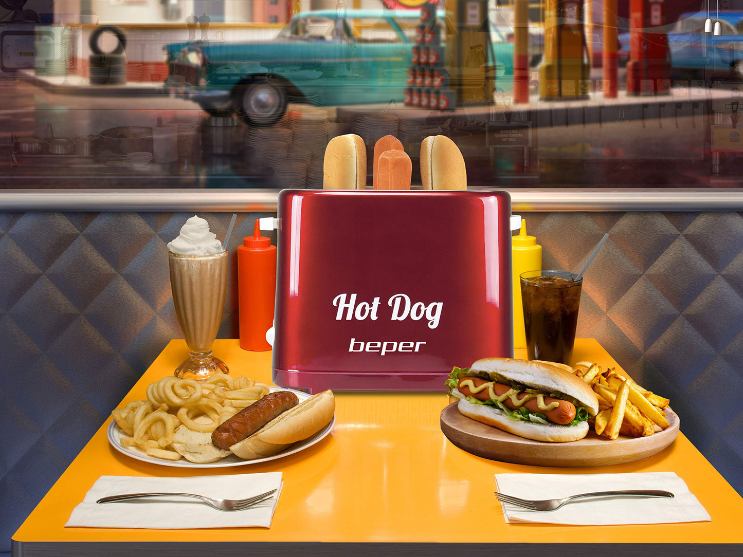 BEPER BT.150Y Hot Dog Maker mit 5 Kochstufen - Hot Dog Maschine im Vintage Design, Rot, 750 W