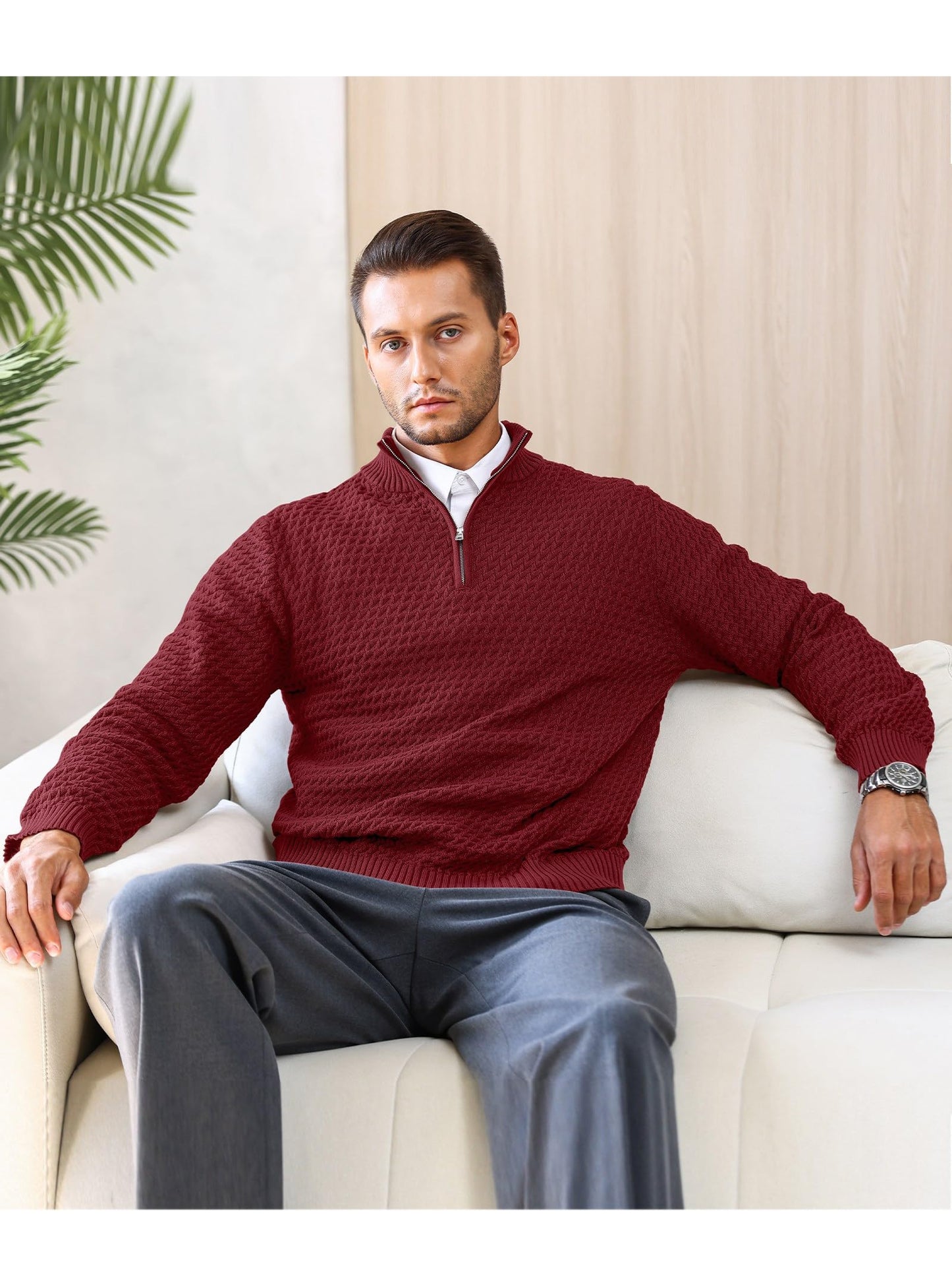 HYPESTFIT Men’s 1/4 Zip Turtleneck Sweater – Warm Knit Pullover