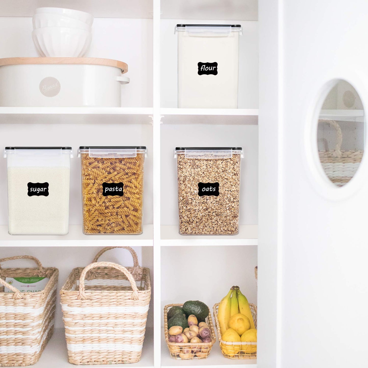 Vtopmart 5.2L Groß Vorratsdosen mit Deckel Luftdicht, 4 Stück Plastik Aufbewahrungsbox Küche Organizer BPA Frei, Aufbewahrung Vorratsbehälter für Zucker und Mehl mit Etiketten und Messbechern