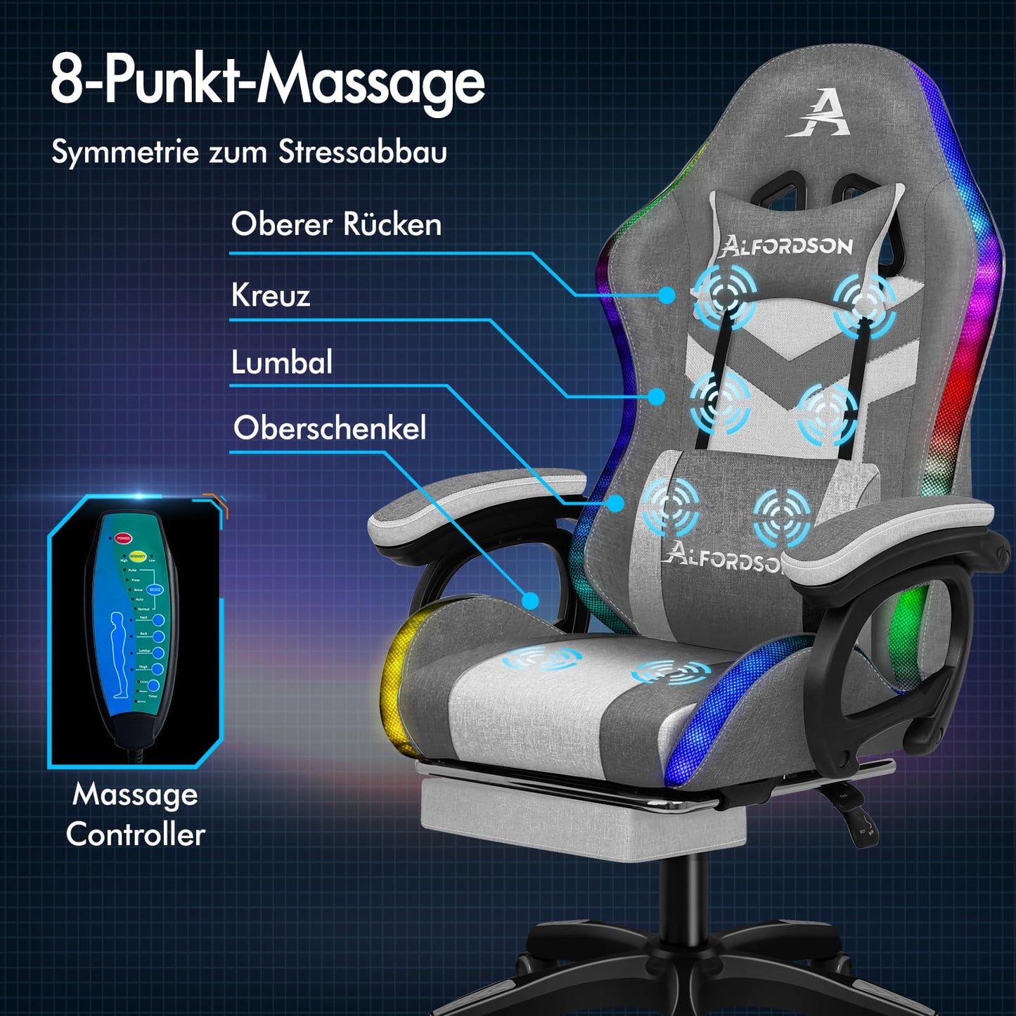 ALFORDSON Gaming Stuhl mit 8-Punkt Massage 12 Farben RGB LED-Licht, Bürostuhl Ergonomisch mit fußstützen, Kopfstütze Lendenkissen für Kinder Erwachsene, Schwarz
