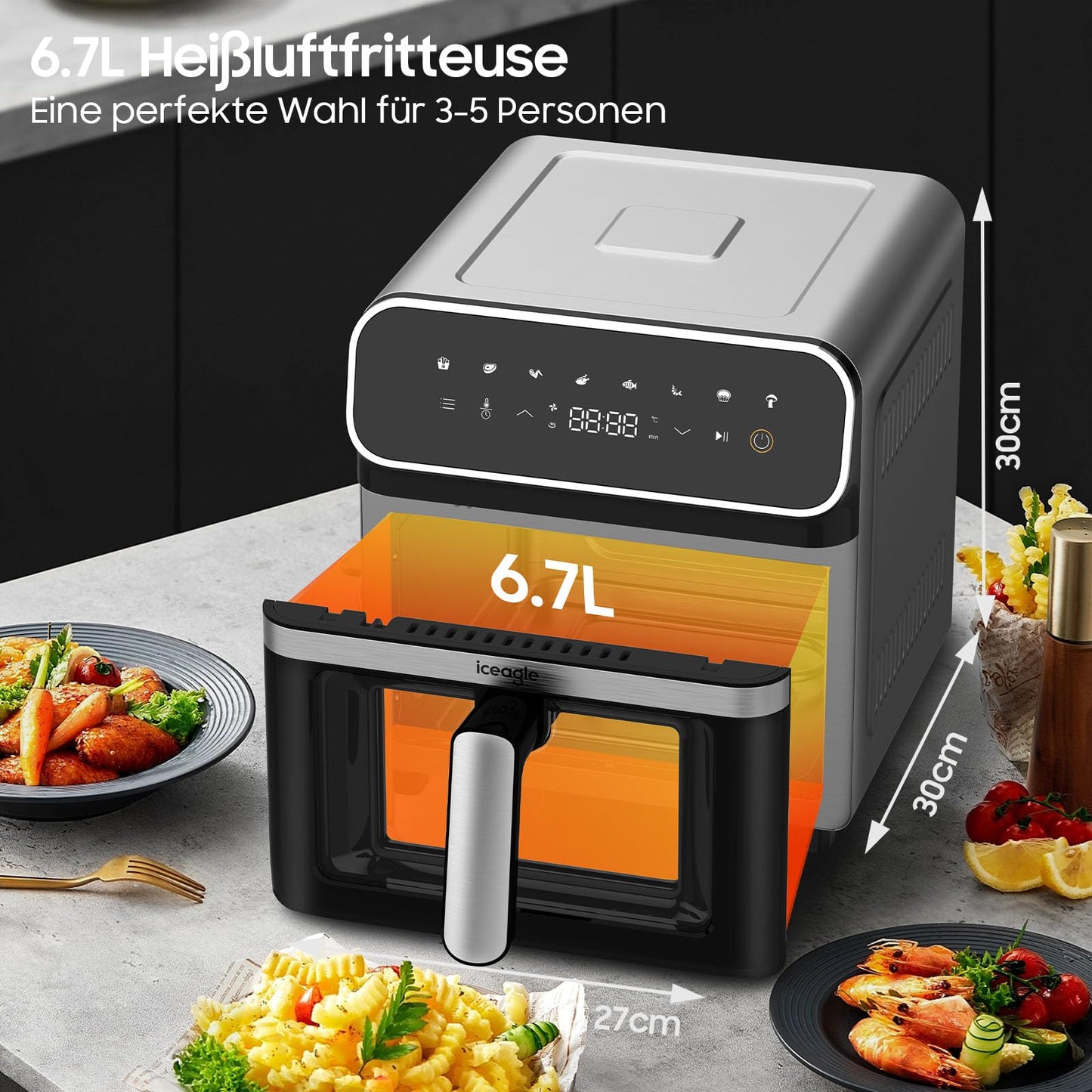 iceagle Heißluftfritteuse 6,5 L Airfryer XL - Fritteuse Ohne Fett mit Metallinnenraum | 1700W Heissluftfriteuse mit 8 Kochprogramme, Digitalem Display, mit deutschem Rezeptbuch