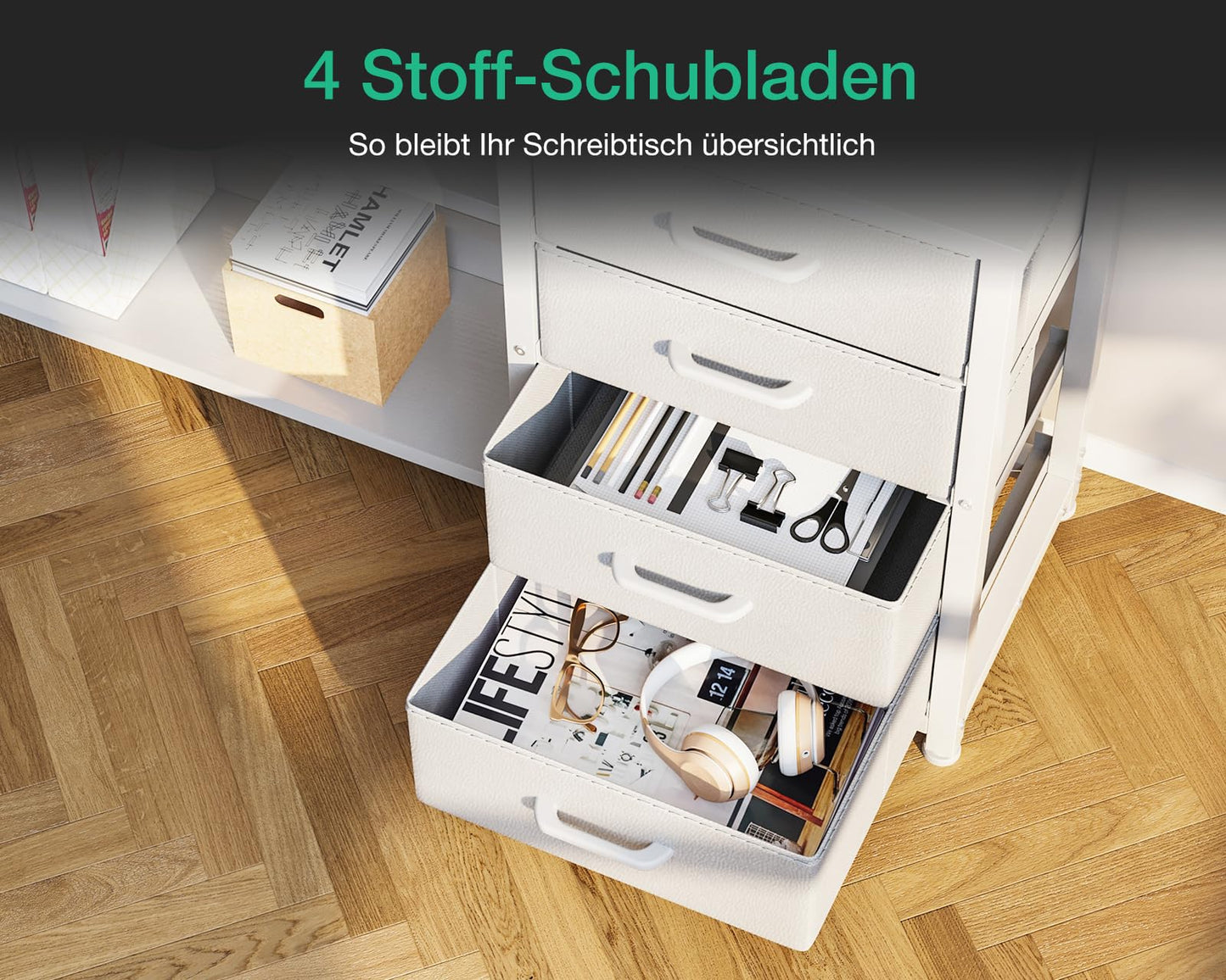 ODK Schreibtisch mit Schubladen, Reversible Eckschreibtisch mit 2 Steckdosen und 2 USB Ladeanschluss, Bürotisch L Form mit LED für Home Office 135×110cm (Schwarz)