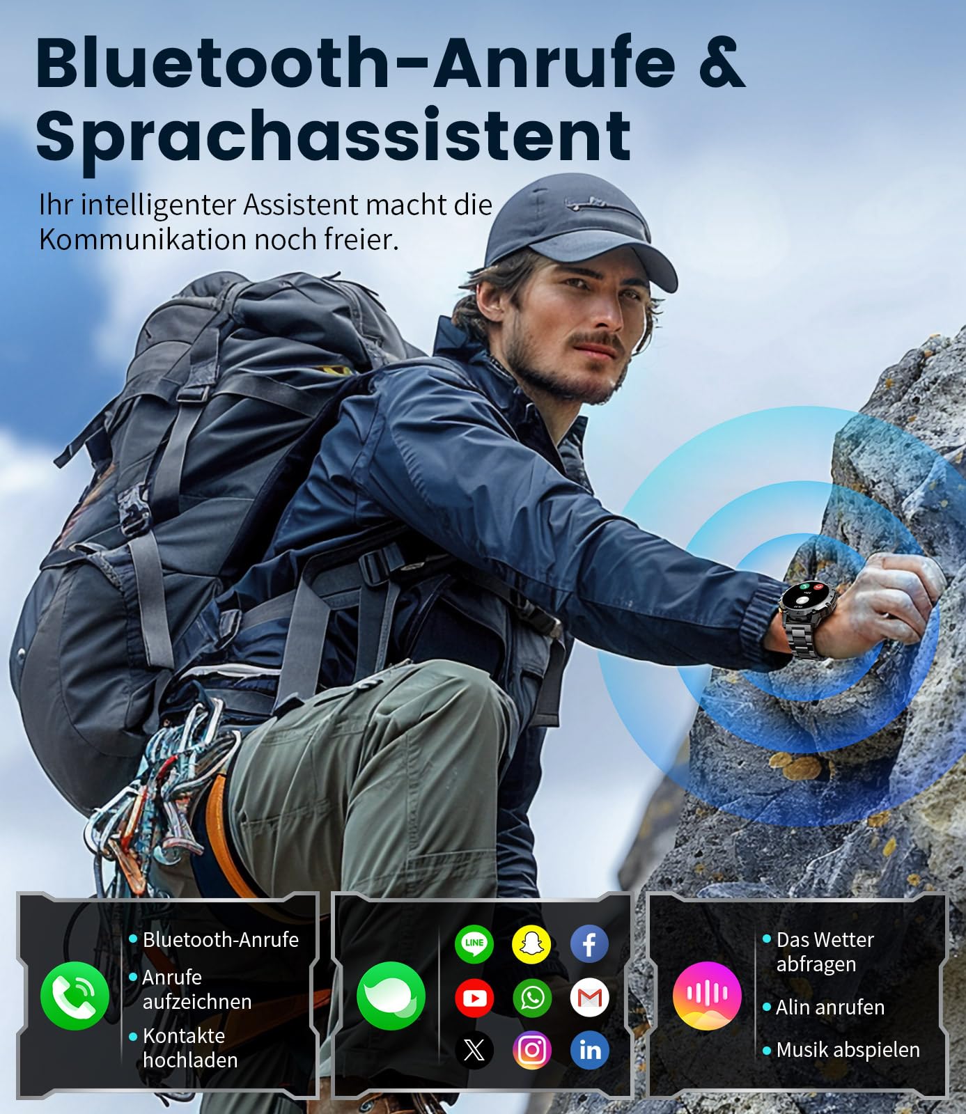 LIGE Smartwatch Herren Militär,Taschenlampe/1.43" AMOLED Sportuhr mit 500 mAh Akku/Telefonfunktion, 110+Sportmodi, IP68 Wasserdicht Smartwatch mit Herzfrequenz/Schlafmonitor für Android iOS,Schwarz