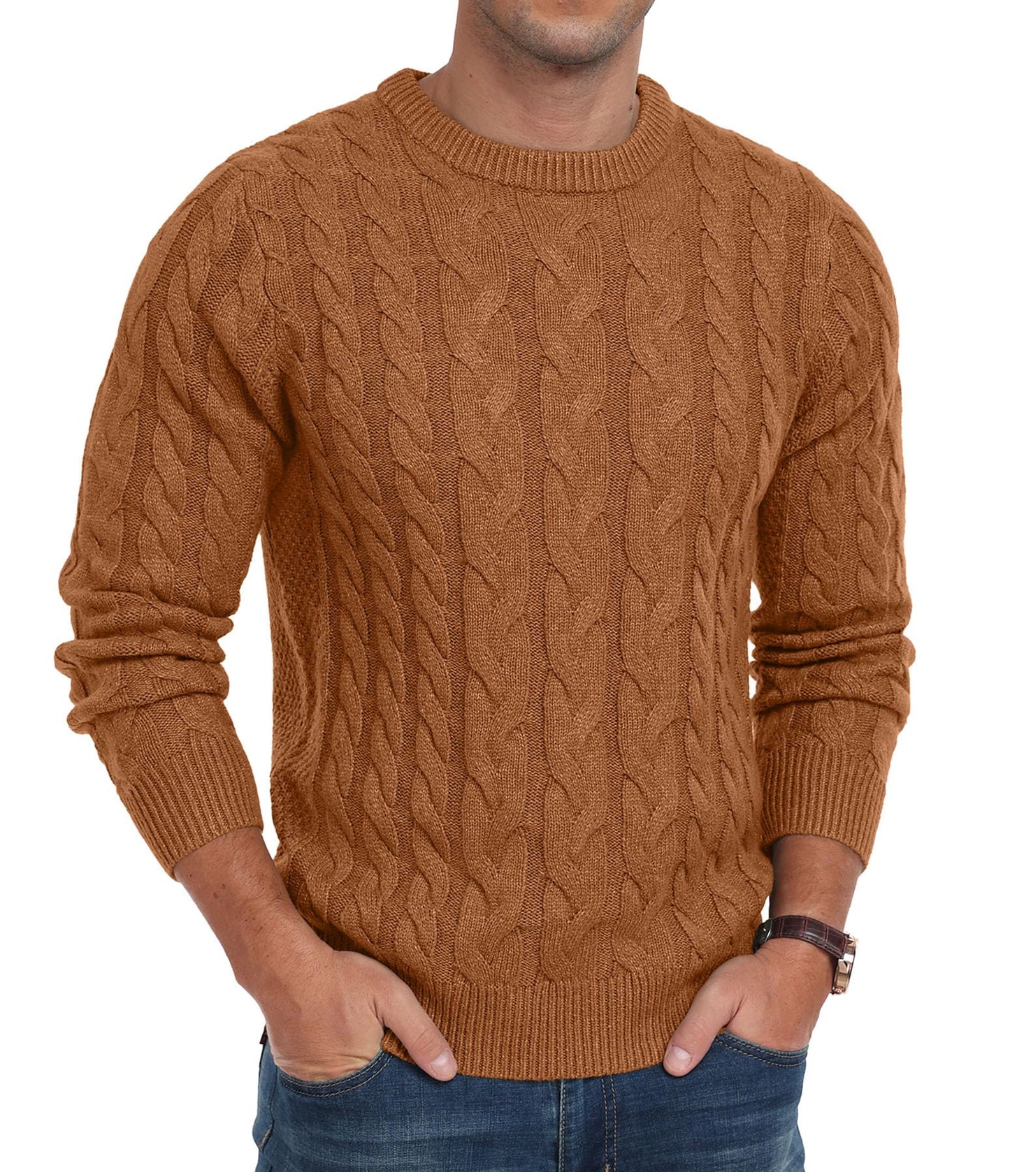 QIXING Men’s Cable Knit Sweater – Chunky Crewneck Pullover