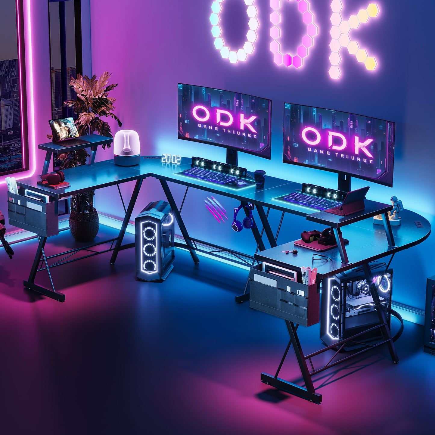 ODK Gaming Tisch, Computertisch mit 2 Steckdosen und 2 USB Ladeanschluss, Gaming Schreibtisch mit runder Ecke, Gaming-Tisch mit Monitorablage, 127 x 127cm (Schwarz)