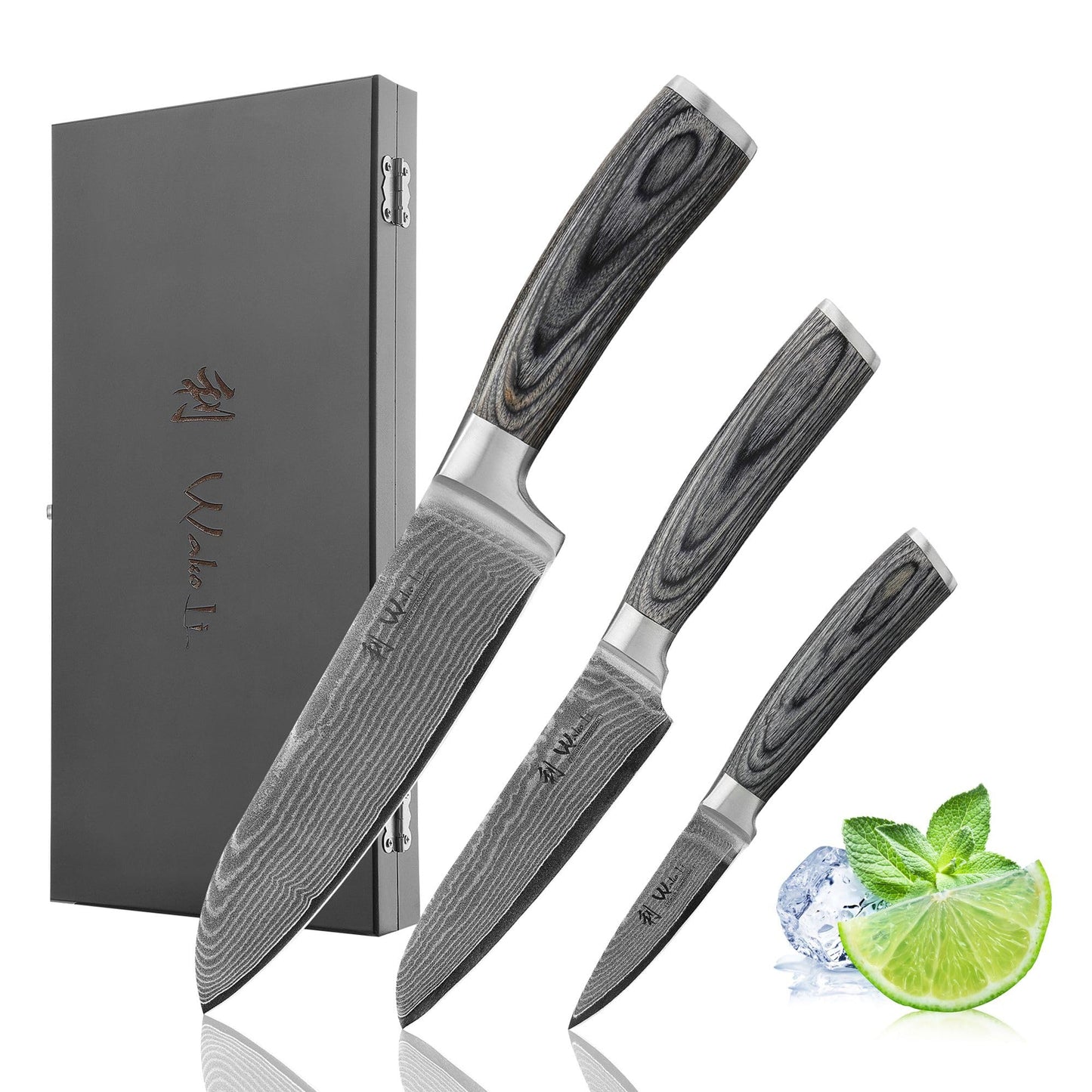 Wakoli EDIB 3er Damastmesser Set mit 8-17cm Klingen gefertigt aus 67 Lagen echtem Damaststahl mit Pakkaholzgriff in Holzbox I Premium Messerset Damast & Profi Küchenmesser