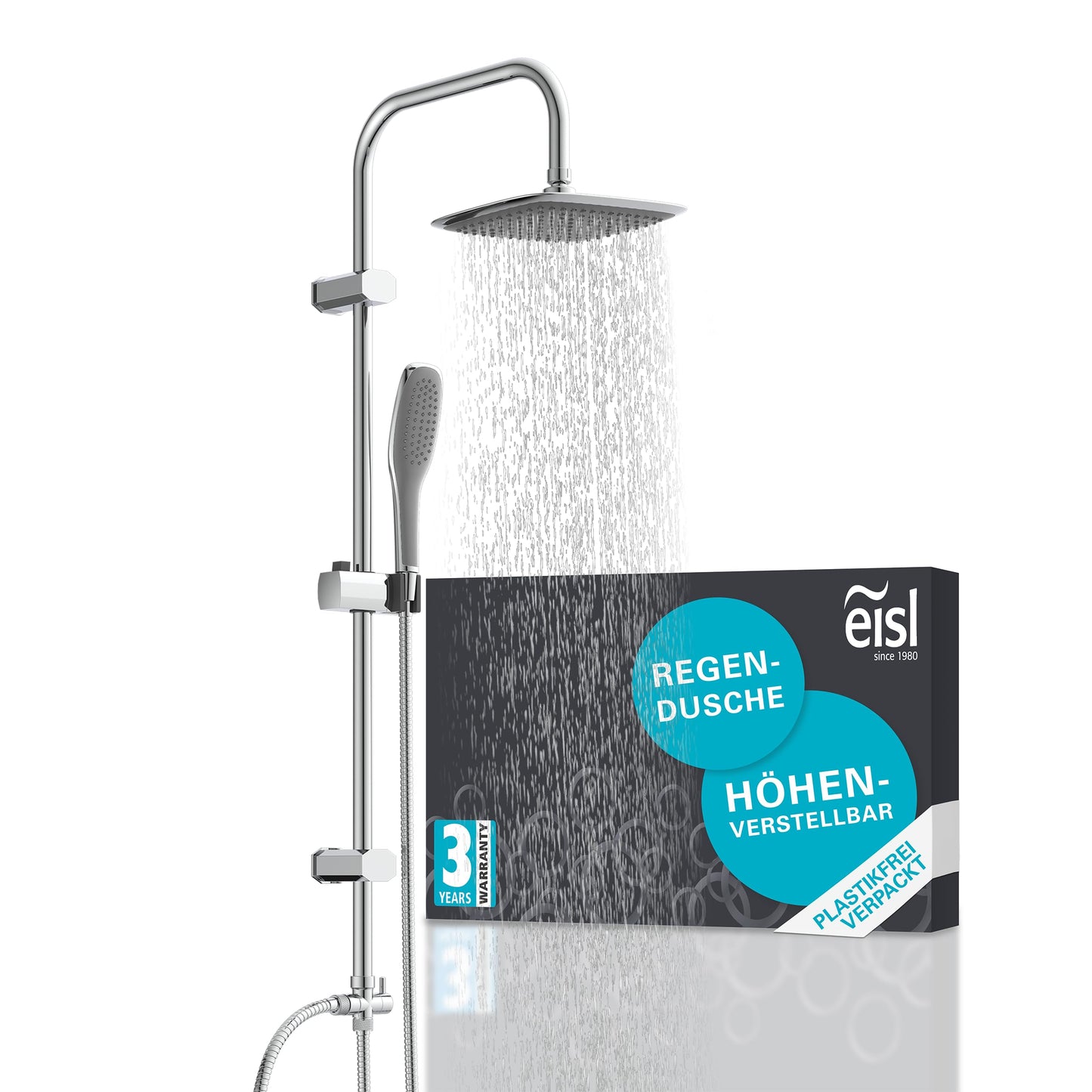 EISL Duschset EASY FRESH, Duschsystem ohne Armatur 2 in 1 mit großer Regendusche (250 x 200 mm) und Handbrause, Regendusche ohne Armatur ideal zum Nachrüsten, komplettes Montageset, Chrom DX12006