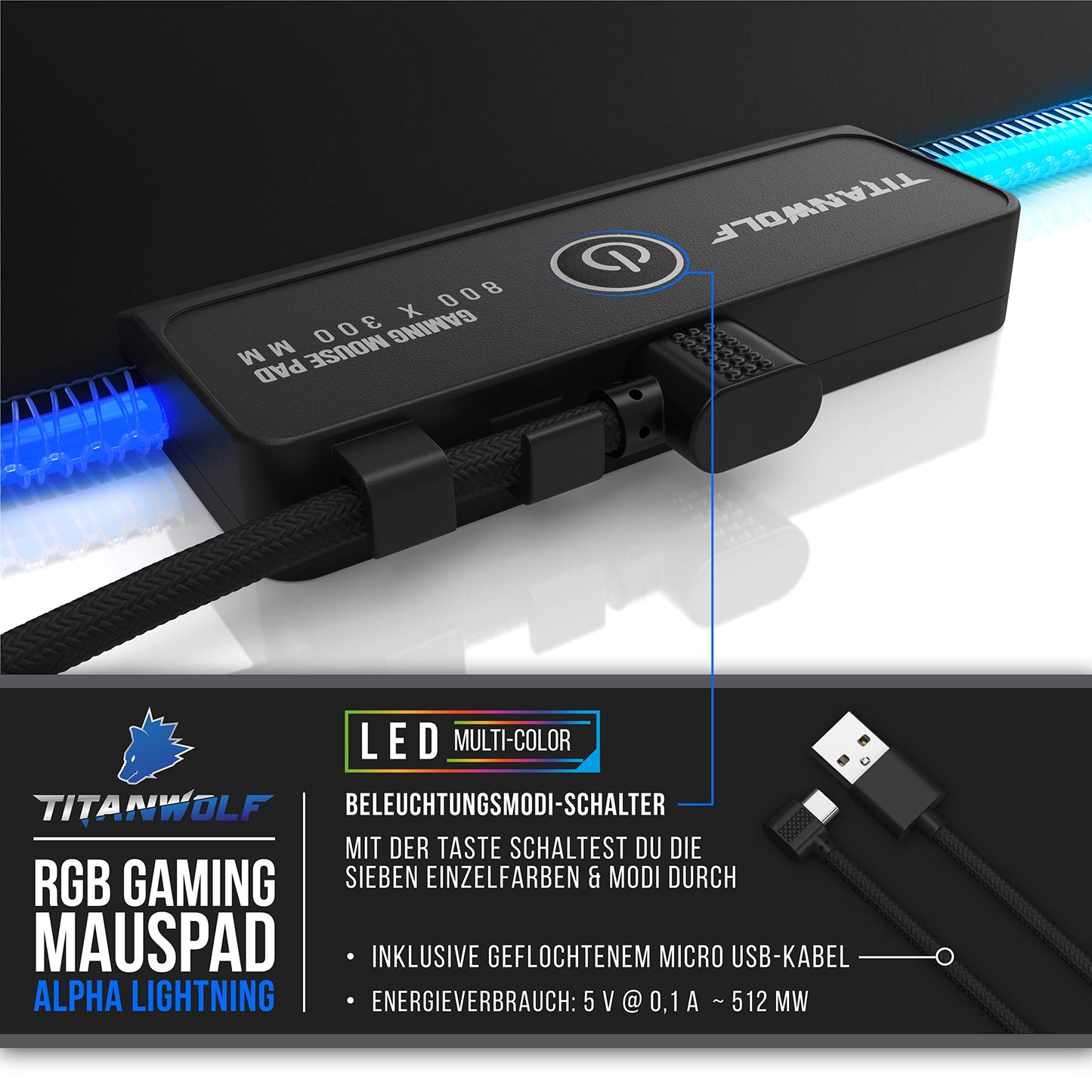 TITANWOLF - RGB Gaming Mauspad - LED Schreibtischunterlage - 800x300 mm - XXL Mousepad - LED Multi Color - 11 Beleuchtungs-Modi - 7 LED Farben Plus 4 Effektmodi - abwaschbar - Stars