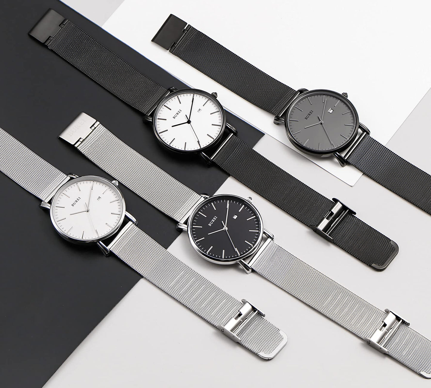 BUREI Ultra Dünne Uhren Herren Schwarze Analoges Datum Armbanduhr Herren mit Japanisches Quarzwerk, Geschenke für Männer