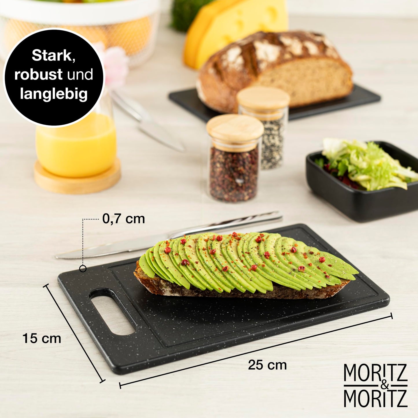Moritz & Moritz 2x Schneidebrett Kunststoff Set in Granit Optik - 25 x 15 cm - Schneidebretter BPA frei - Frühstücksbrettchen - Schneidebrett Set hygienisch und spülmaschinenfest