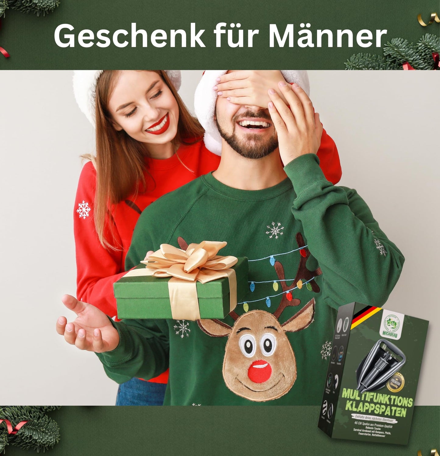 MiCadeau Klappspaten, Ostergeschenk, Geburtstagsgeschenk für Männer, Garten Spaten, Schaufel aus robustem Karbonstahl m. Gürteltasche, ideal fürs Abenteuer, Zelten, Outdoor, Autozubehör (Schwarz)
