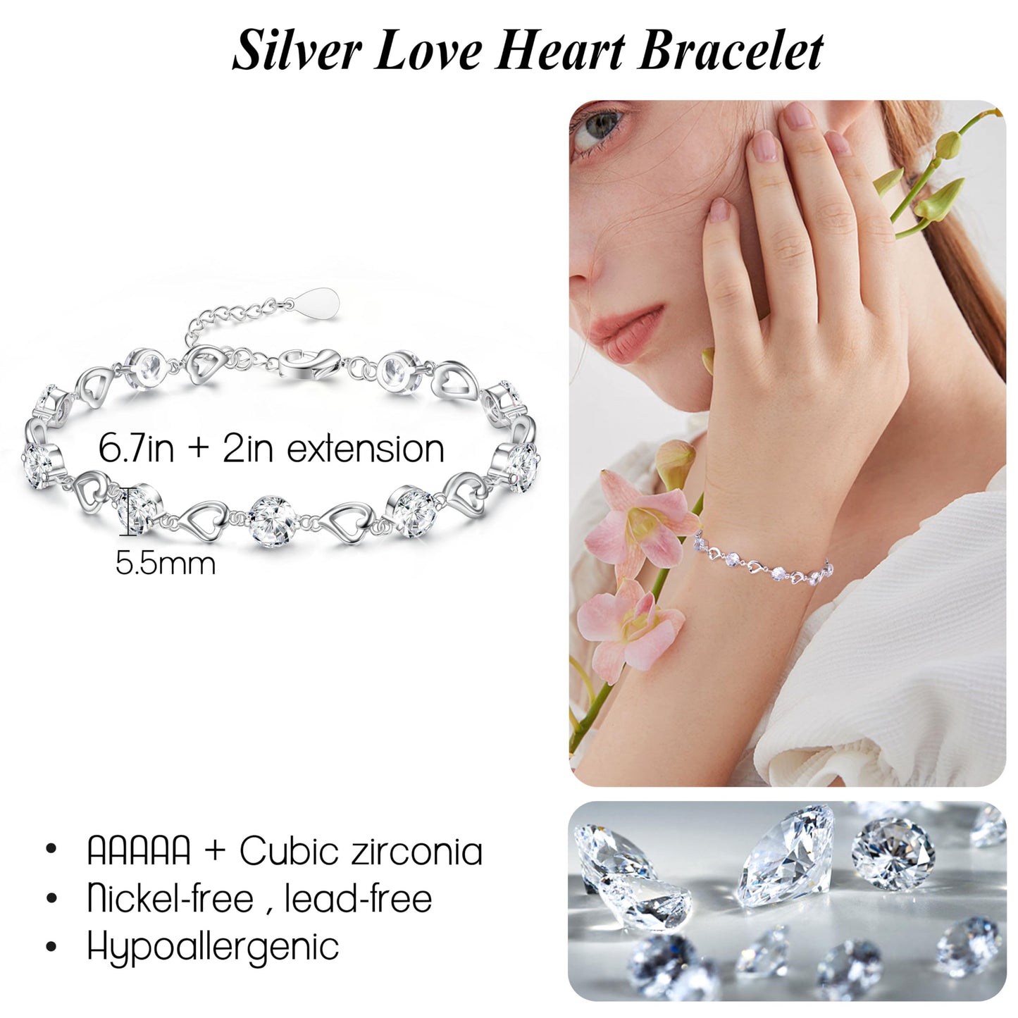 Silver Heart Bracelet for Women & Girls – Adjustable Zircon Tennis Chain