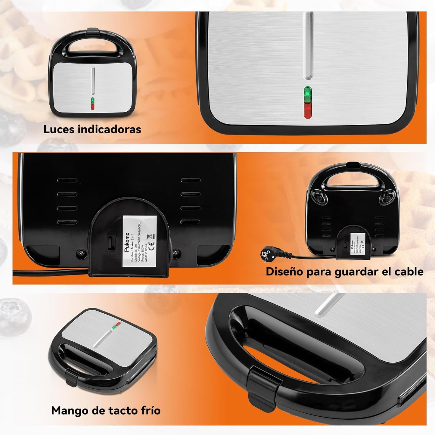 Pukomc 3-in-1 Sandwich Maker Antihaft-Panini-Presse, 850 W Grill, Tostadora De Pan Sandwichera, Herausnehmbare Grillplatten, Kontaktgrill, Waffeleisen, Doppelseitige Heizung, Schwarz