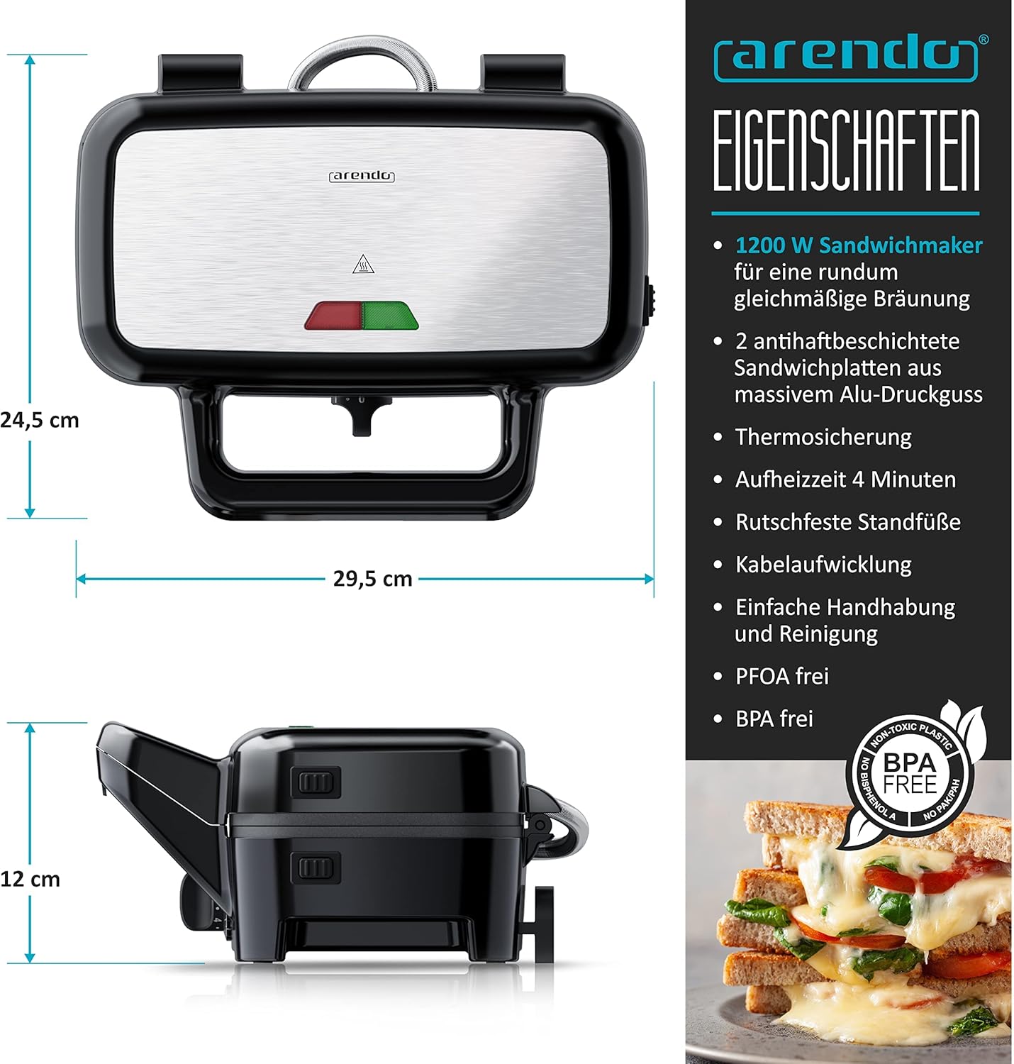 Arendo - Sandwichmaker 1200 W mit Antihaftbeschichtung - mit abnehmbaren Platten - spülmaschinentauglich - BPA frei - Temperaturkontrolle – Sandwich Maker - Sandwichtoaster für große Toasts