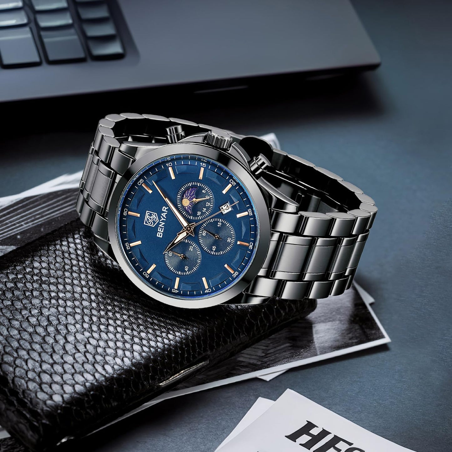BY BENYAR Uhren Herren Chronograph Analog Quarz Wasserdicht Armbanduhr Herren Mode Lässig Business Herrenuhr mit Kalender Lederarmband/Edelstahlarmband Uhr Geschenk für Männer