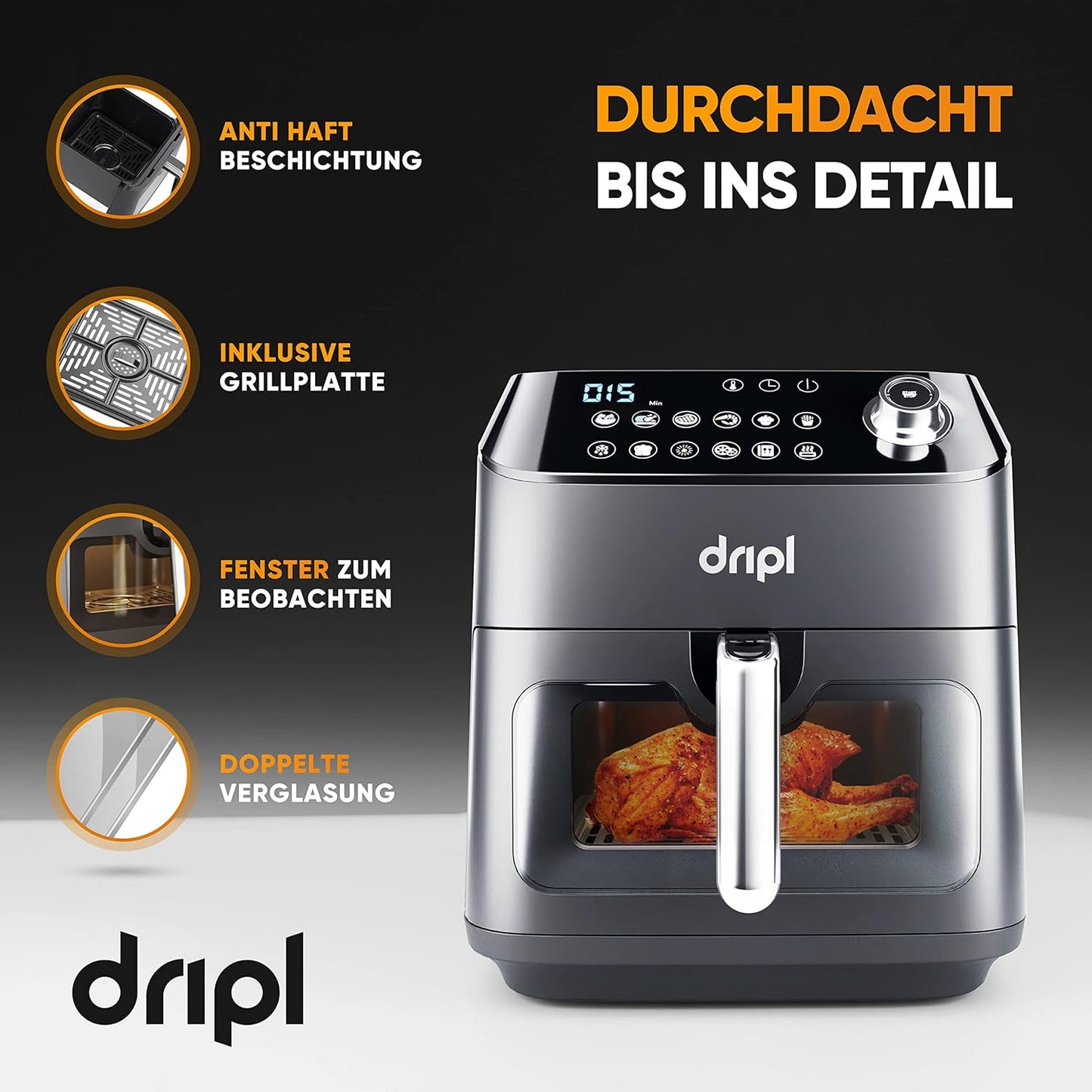 Dripl Heißluftfritteuse 5,7L, XXL Fritteuse mit LCD Touchscreen, AirFryer mit 12 Programmen, Kompakte Heissluftfriteuse mit Digitalem Display, Energieeinsparung, Vorheizen & Warmhalten, ohne Öl