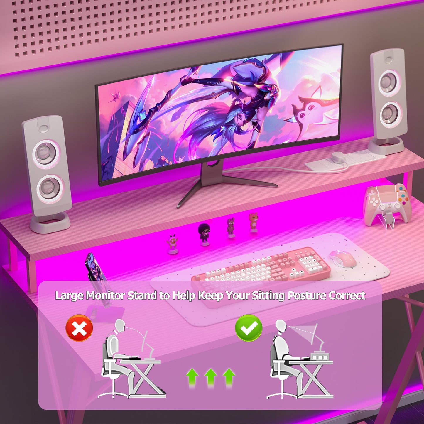 BEXEVUE Gaming Schreibtisch mit Steckdosenleiste LED – 100x50 cm Ergonomic Computer Gamer Tisch, Großer PC Monitorständer, Moderner X Rahmen, Kopfhörerhaken, Studium Arbeit Zuhause Schlafzimmer