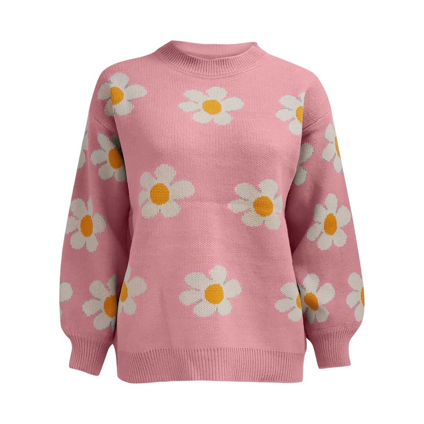 Women’s Floral Knit Sweater – Elegant Stand Collar Pullover