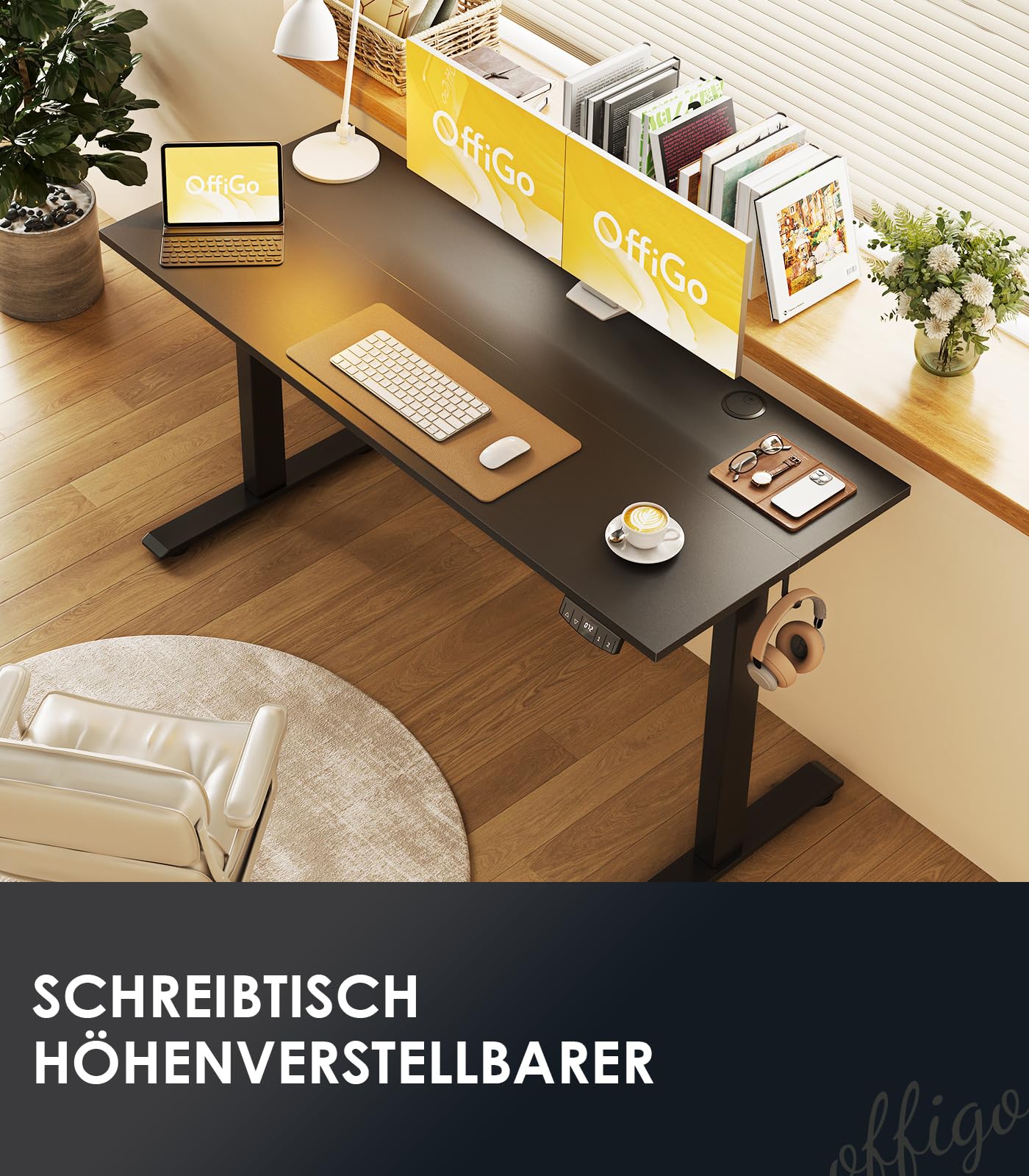 OffiGo Höhenverstellbarer Schreibtisch, 120 cm Elektrischer Schreibtisch, Ergonomischer Tisch mit Memory-Funktion, Gaming Tisch Höhenverstellbar, Moderner Computertisch für Zuhause und Büro, Weiß
