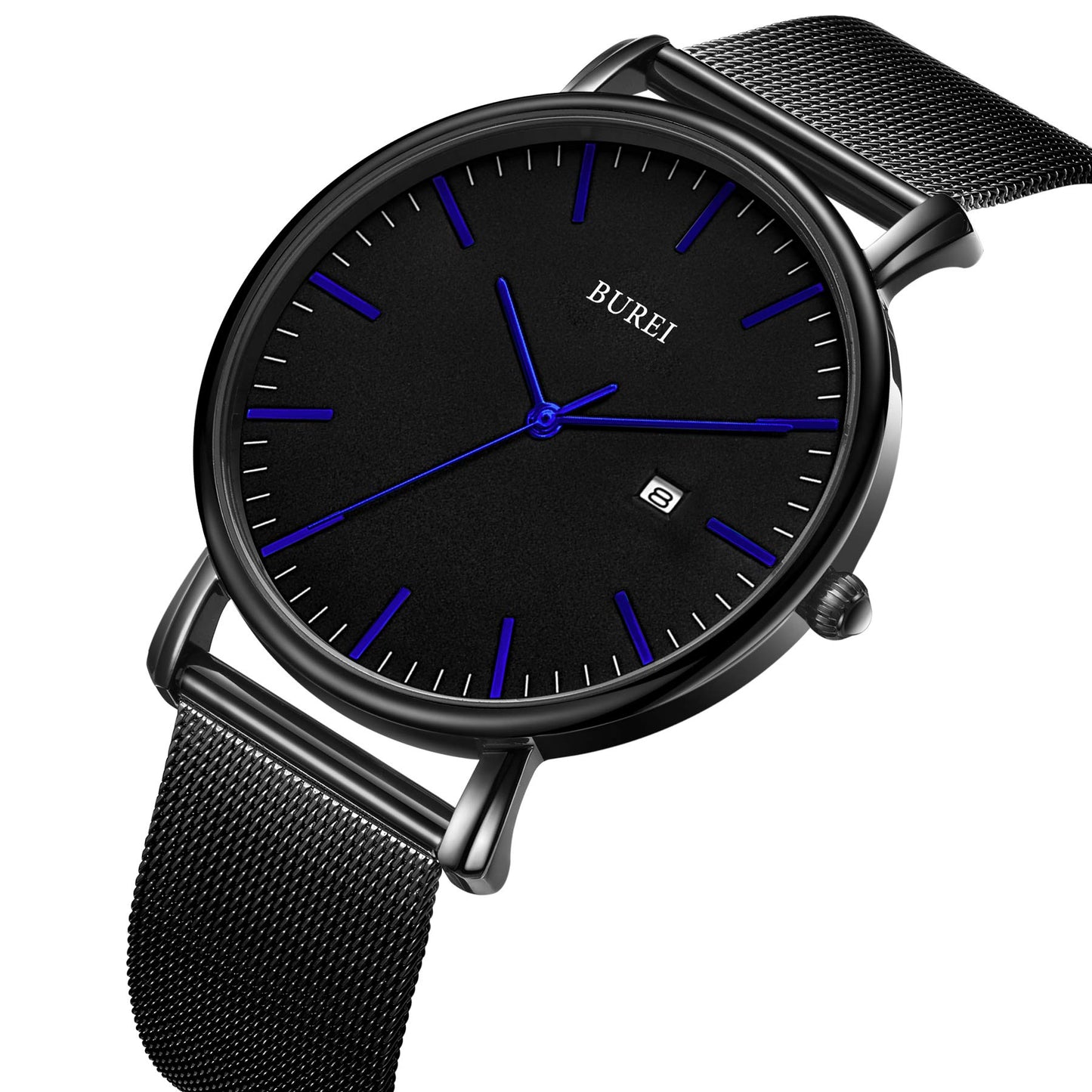 BUREI Ultra Dünne Uhren Herren Schwarze Analoges Datum Armbanduhr Herren mit Japanisches Quarzwerk, Geschenke für Männer