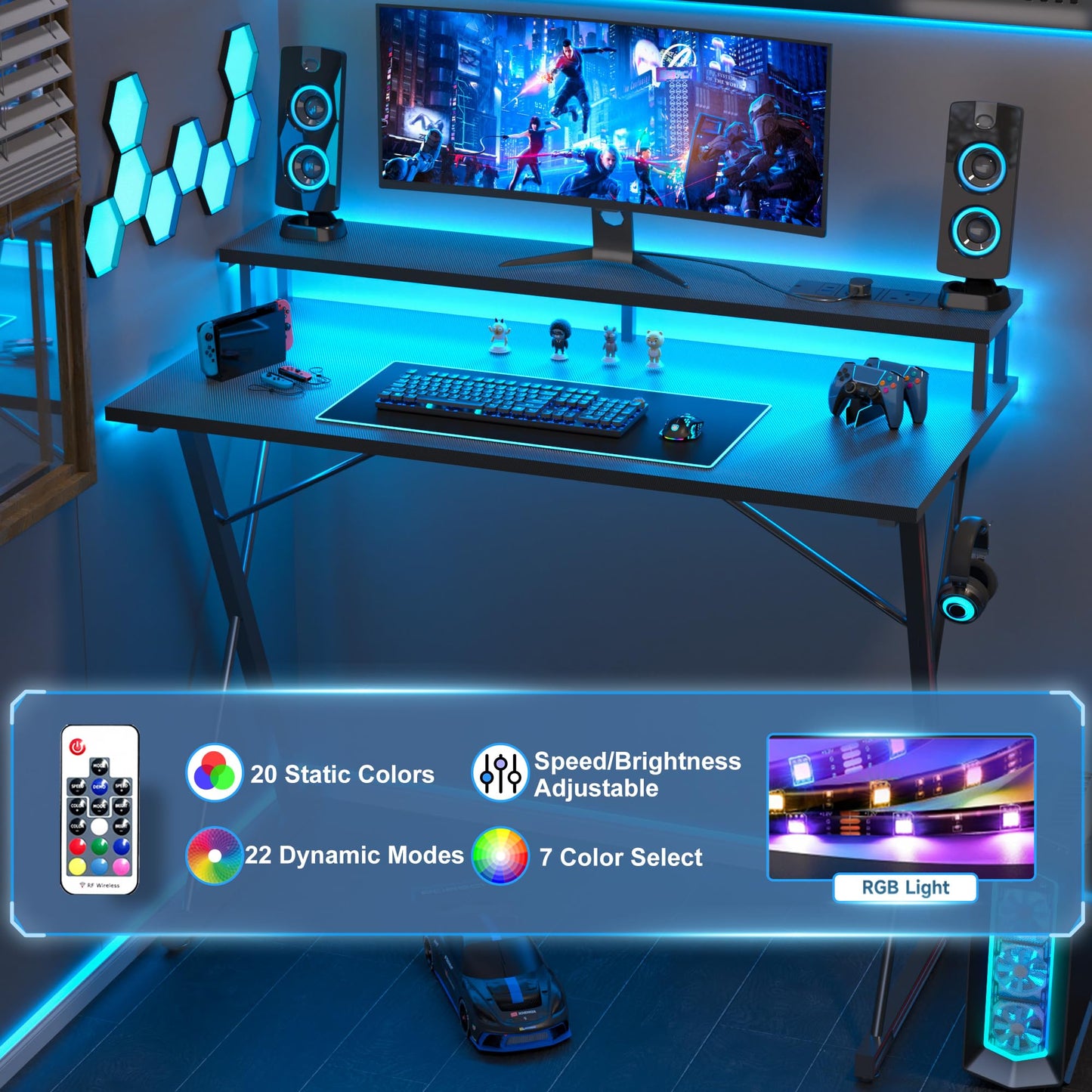 BEXEVUE Gaming Schreibtisch mit Steckdosenleiste LED – 100x50 cm Ergonomic Computer Gamer Tisch, Großer PC Monitorständer, Moderner X Rahmen, Kopfhörerhaken, Studium Arbeit Zuhause Schlafzimmer