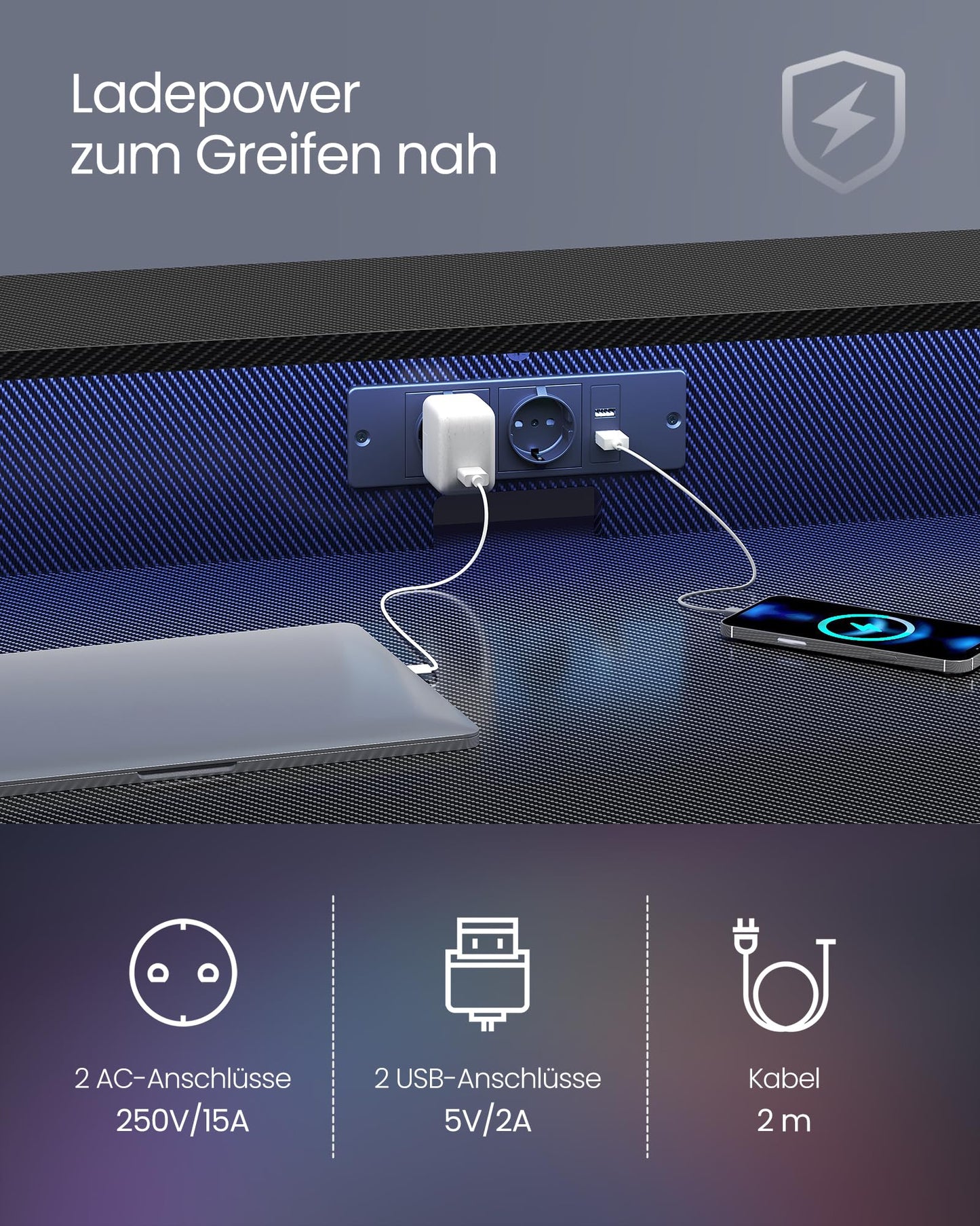 VASAGLE Schreibtisch, Gaming Tisch mit eingebauter Steckdosenleiste, Computertisch, mit Monitorständer für 2 Monitore, Schlafzimmer, 60 x 120 x 76 cm, rußschwarz LWD192B02