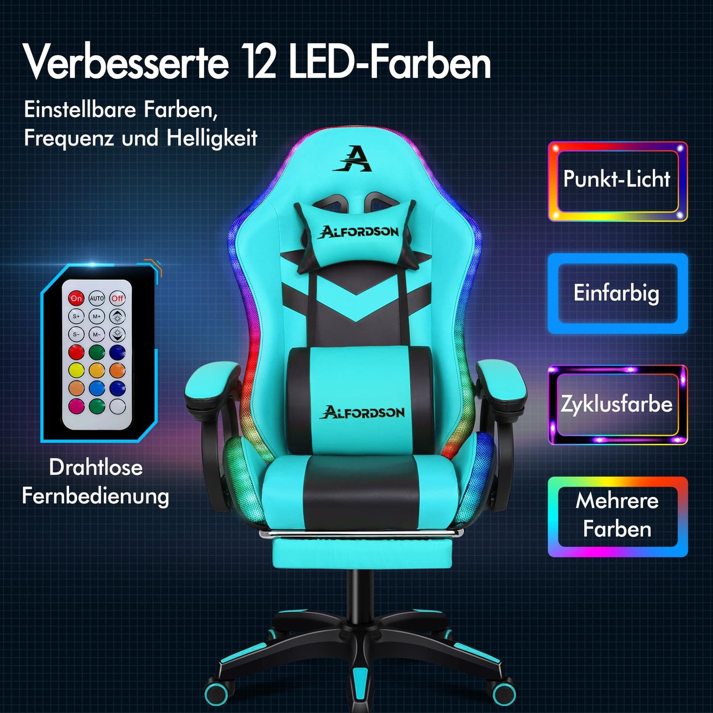 ALFORDSON Gaming Stuhl mit 8-Punkt Massage 12 Farben RGB LED-Licht, Bürostuhl Ergonomisch mit fußstützen, Kopfstütze Lendenkissen für Kinder Erwachsene, Schwarz