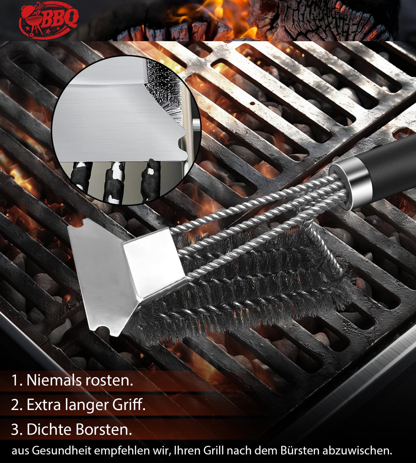 Grillbürste, TNTOR Grill Reinigungsbürste mit Extra Langer Edelstahl Borsten, Edelstahl Spatel und PP Wärmedämmung Griff, für Gasgrill, Holzkohlegrill, Kugelgrill, Elektrogrill und Grillrost.