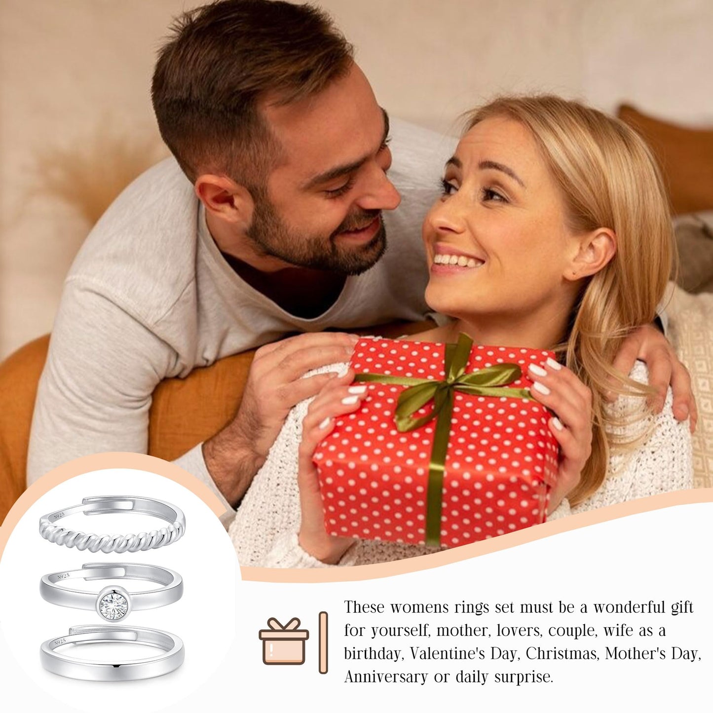 MUCCA 3-Piece 925 Sterling Silver Rings for Women
