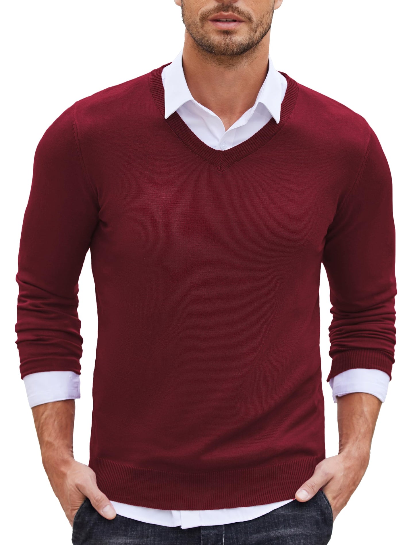 COOFANDY Men’s V-Neck Knit Sweater – Classic Long Sleeve Pullover