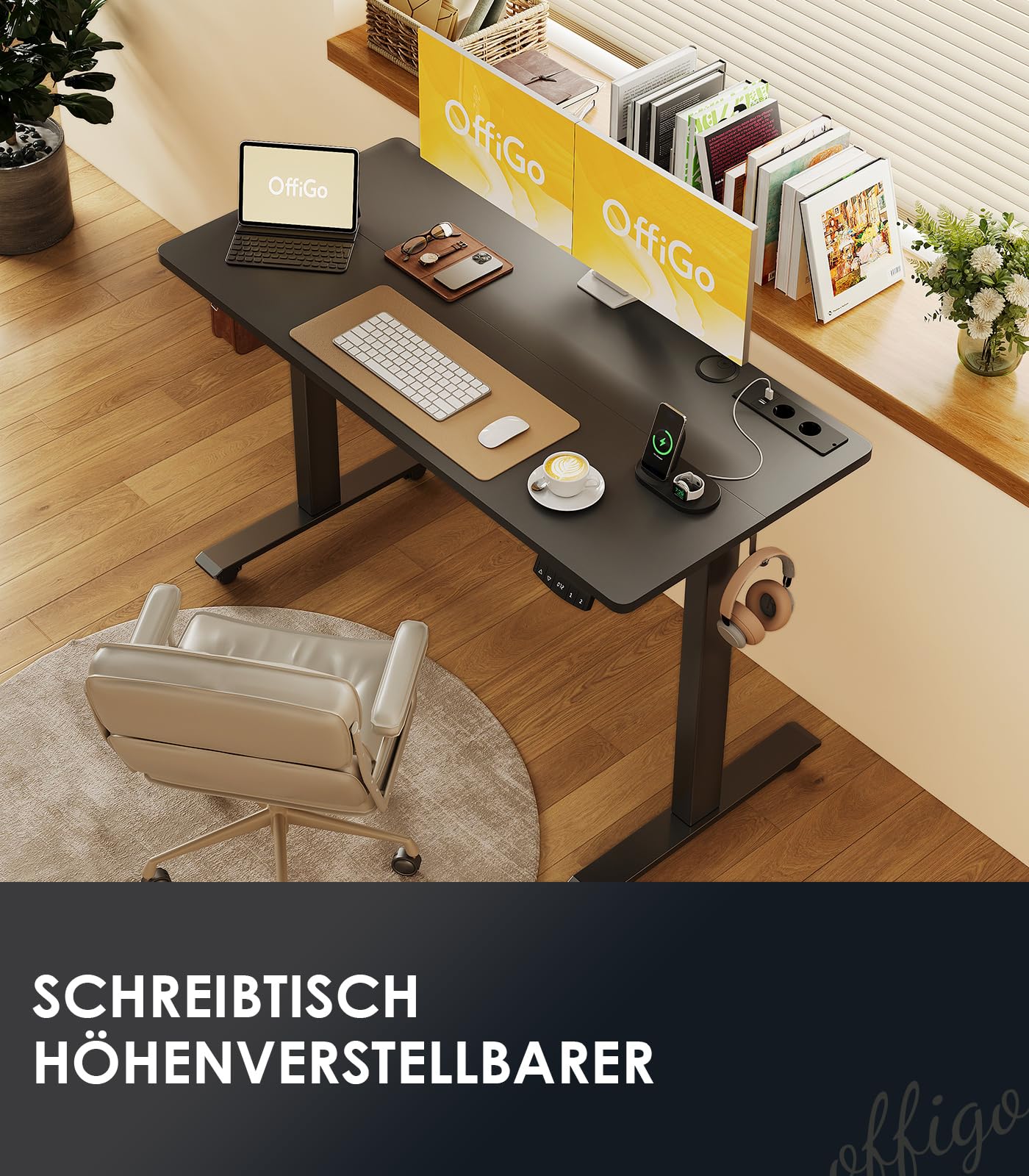 OffiGo Höhenverstellbarer Schreibtisch, 180cm, Elektrischer Schreibtisch mit USB, Schreibtisch Höhenverstellbar mit 2 Memory Funktion, Tisch Höhenverstellbar für Büro, Zuhause, Gaming, Schwarz