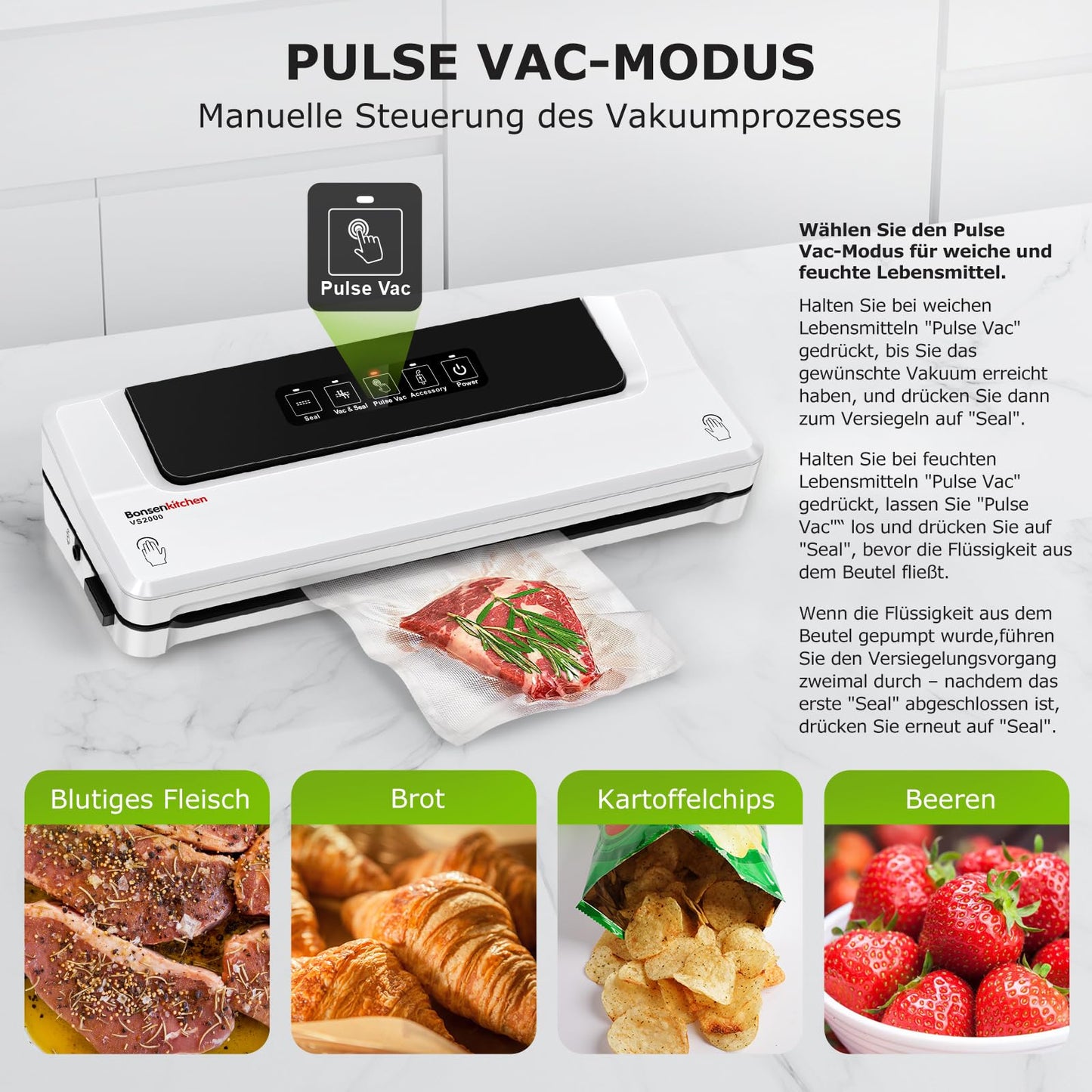 Bonsenkitchen Vakuumiergerät, Vakuumierer Folienschweißgerät für Sous Vide Kochen und Lebensmittel Bleiben bis zu 6x Länger Frisch, 40 Vakuumbeutel Inklusive (Sliber)