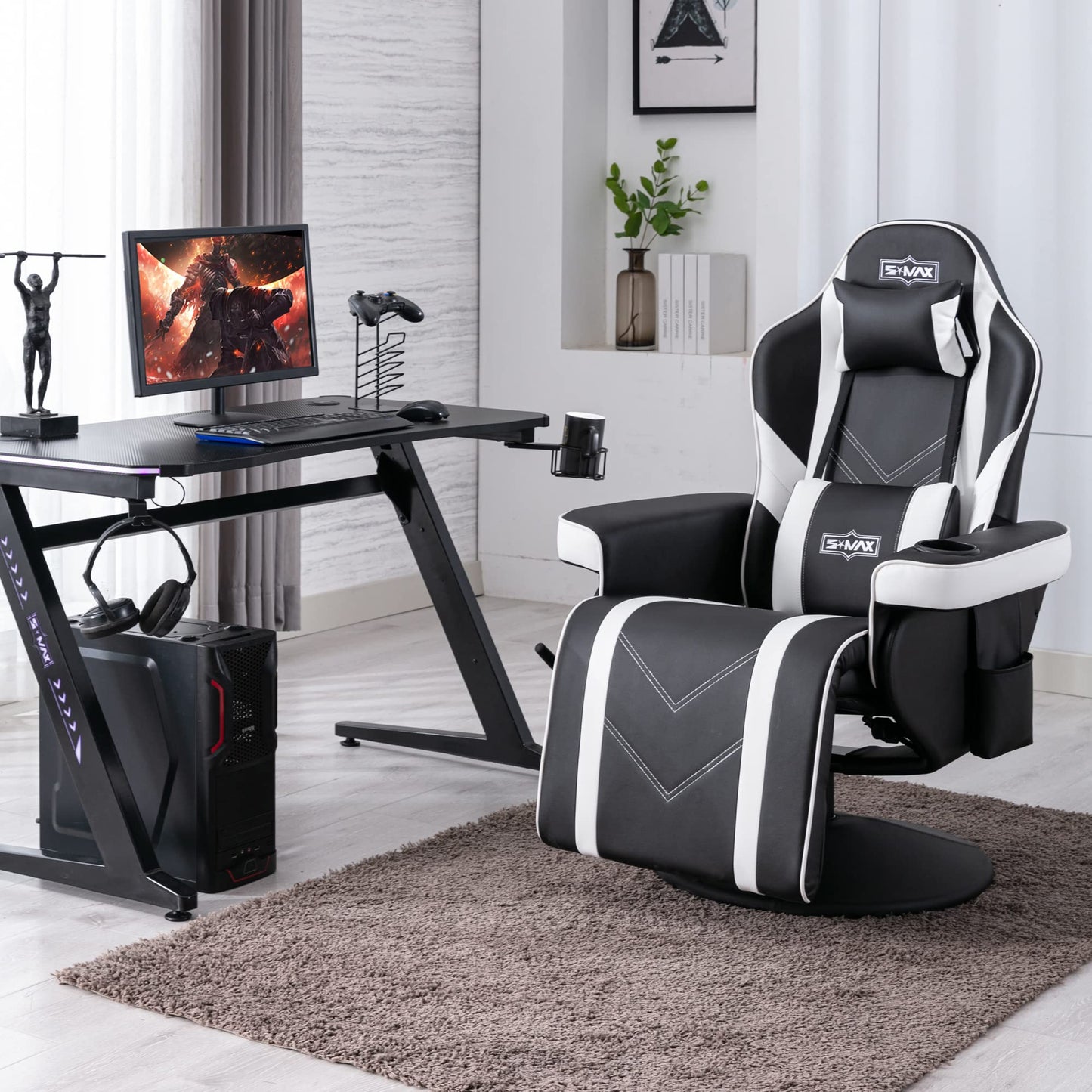 S*MAX Gaming Stuhl mit Fußstütze Gaming Sessel hoher Rückenlehne mit Verstellbarer Rückenlehne Becherhalter Seitentasche Gaming Stühle für Erwachsene Schwarz