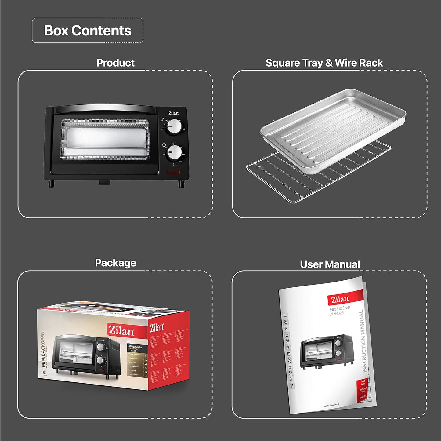 Zilan Elektro-Backofen, 9 l, Doppel-Sicherheitsglas, Timer, 2-teilig, Quarzwiderstand, Krümelplatte, 1 quadratische Platte, verchromtes Grill, 800 W