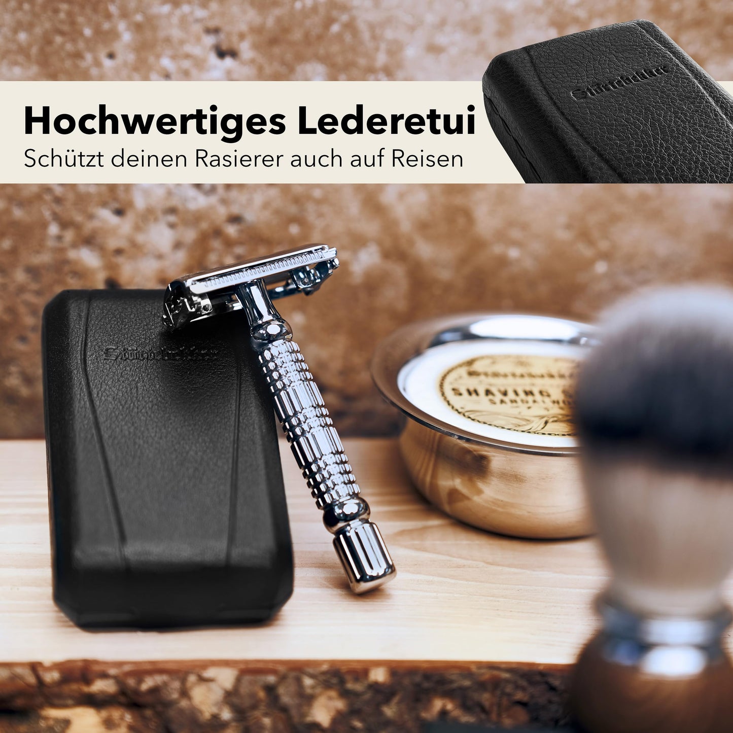 Störtebekker® Premium Rasierhobel ‘Hamburg’ im handgefertigten Leder-Etui - *TESTSIEGER* Stiftung Warentest (12/2024) - Rasier-Set mit 10 Rasierklingen, Reise-Etui & eingebautem Spiegel - Nassrasierer