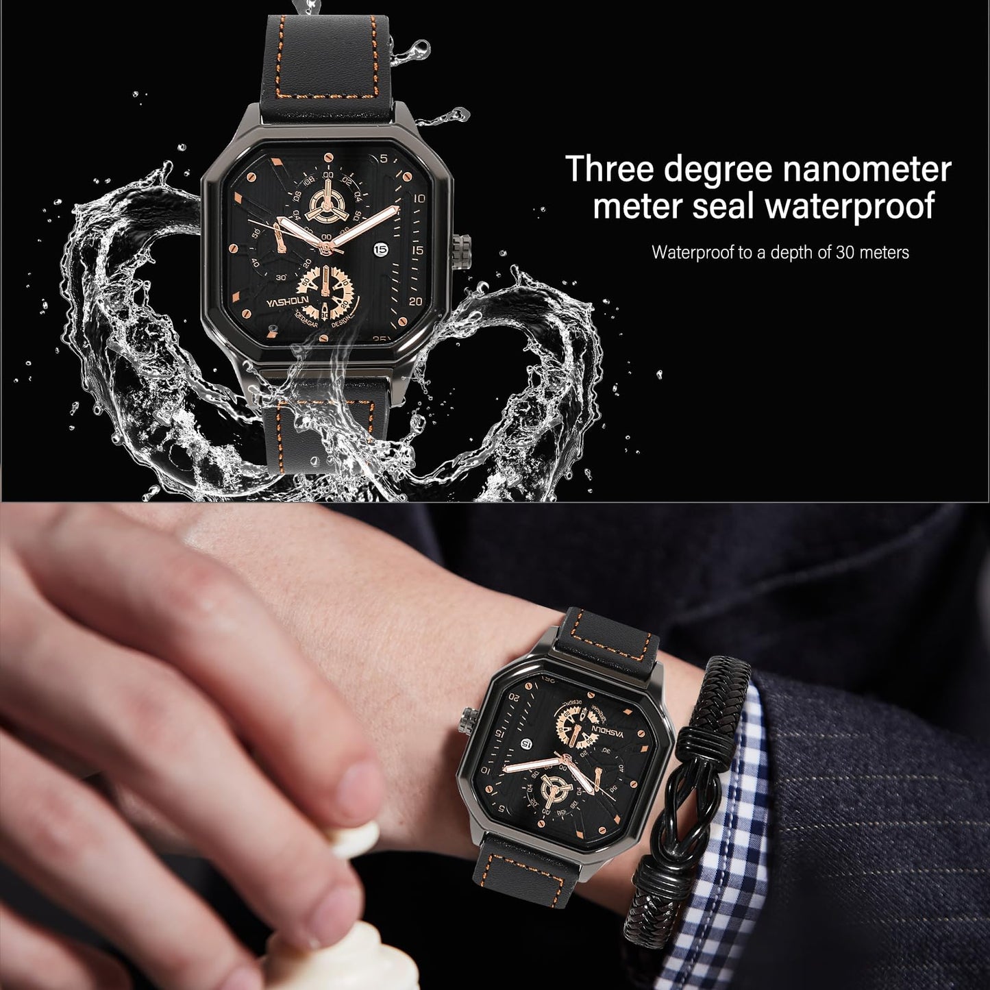 BSTcentelha Herren-Armbanduhr, Kunstleder, Quarz, analog, Gürtel, Schlüsselanhänger, Sonnenbrille, Geschenkset, Dunkelblau zum Valentinstag