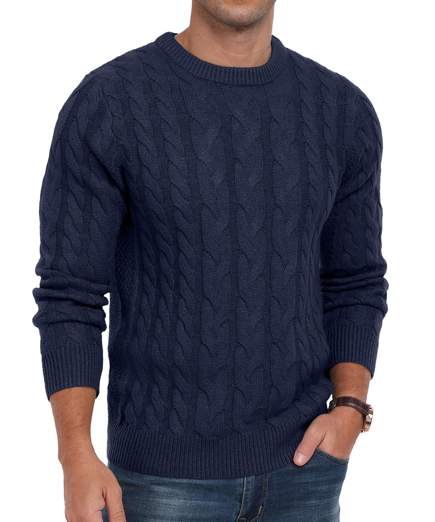 QIXING Men’s Cable Knit Sweater – Chunky Crewneck Pullover