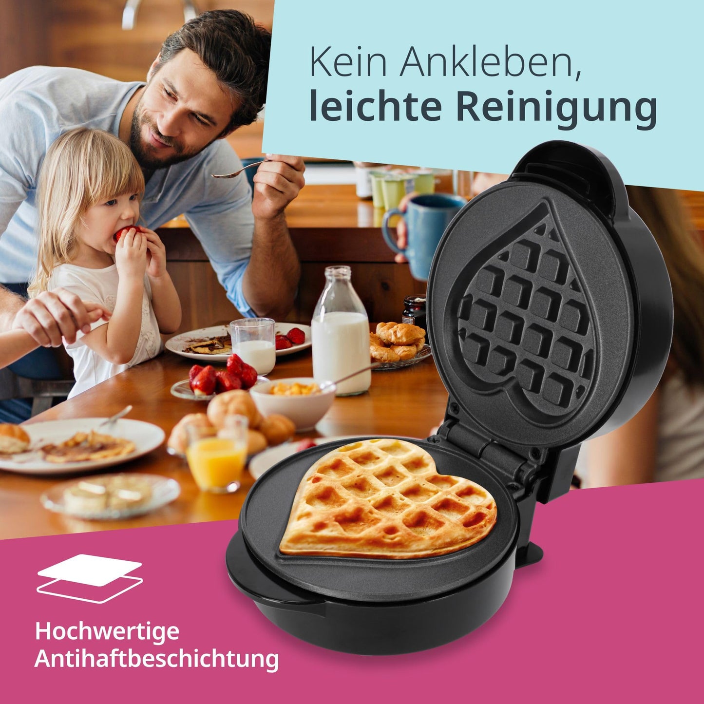 ADE Mini Waffeleisen Herzform | belgische Waffel | perfekt für eine Person, Party, Kindergeburtstag | hochwertige Antihaftbeschichtung | 550 W | schwarz
