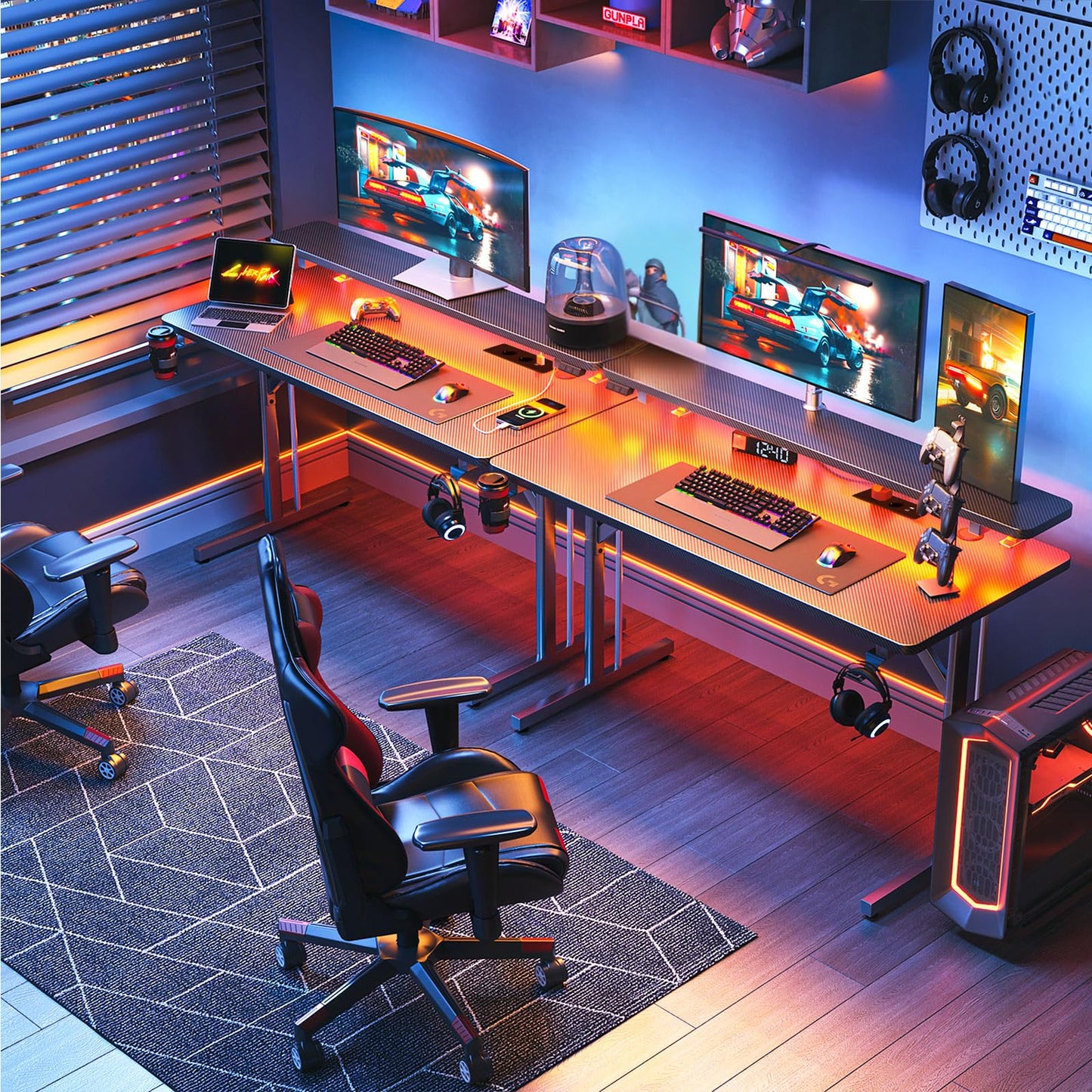 ODK Gaming Tisch, Kleiner Gaming Schreibtisch mit LED Beleuchtung & Steckdosen, Computertisch mit Monitorablage, Carbon Fiber Schwarz PC Gamer Tisch 100cm