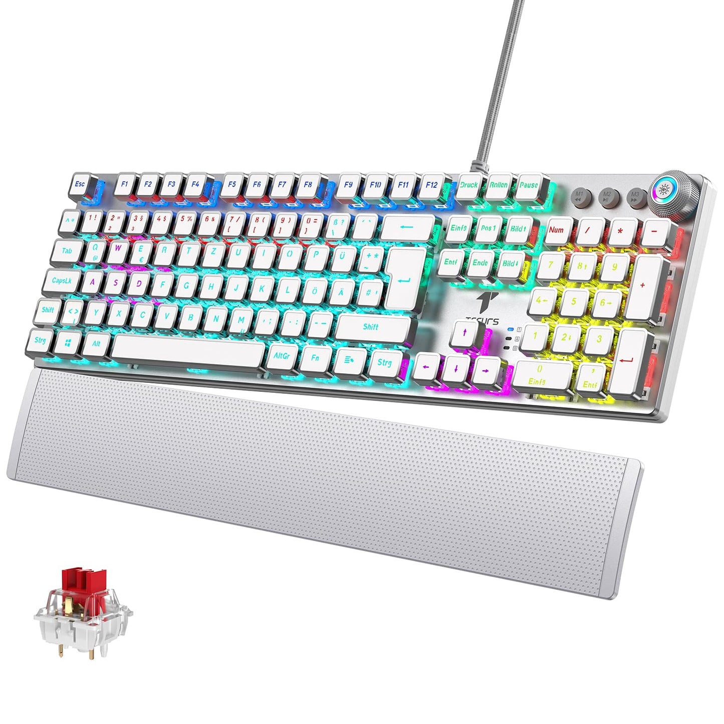TECURS Mechanische Gaming Tastatur - QWERTZ Mechanical Keyboard mit Magnetische Handgelenkauflage, Multimedia-Tasten, 105 Tasten Kabelgebundene Rote Schalter Tastatur für PC/PS5/PS4, 19 LED Modi
