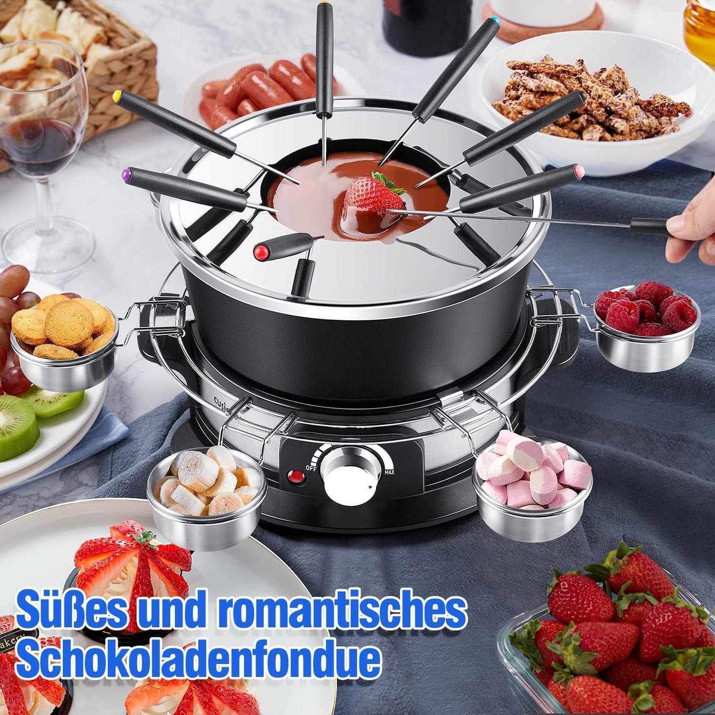 CUSIMAX Elektrisches Fondue-Set mit 1300W Leistungsregelung für Käse, Schokolade, Öl und Brühe, 2L Antihaft-Elektro-Fondue-Topf mit 8 Gabeln, 6 Tassen und abnehmbarem Anti-Verbrühungs-Griff