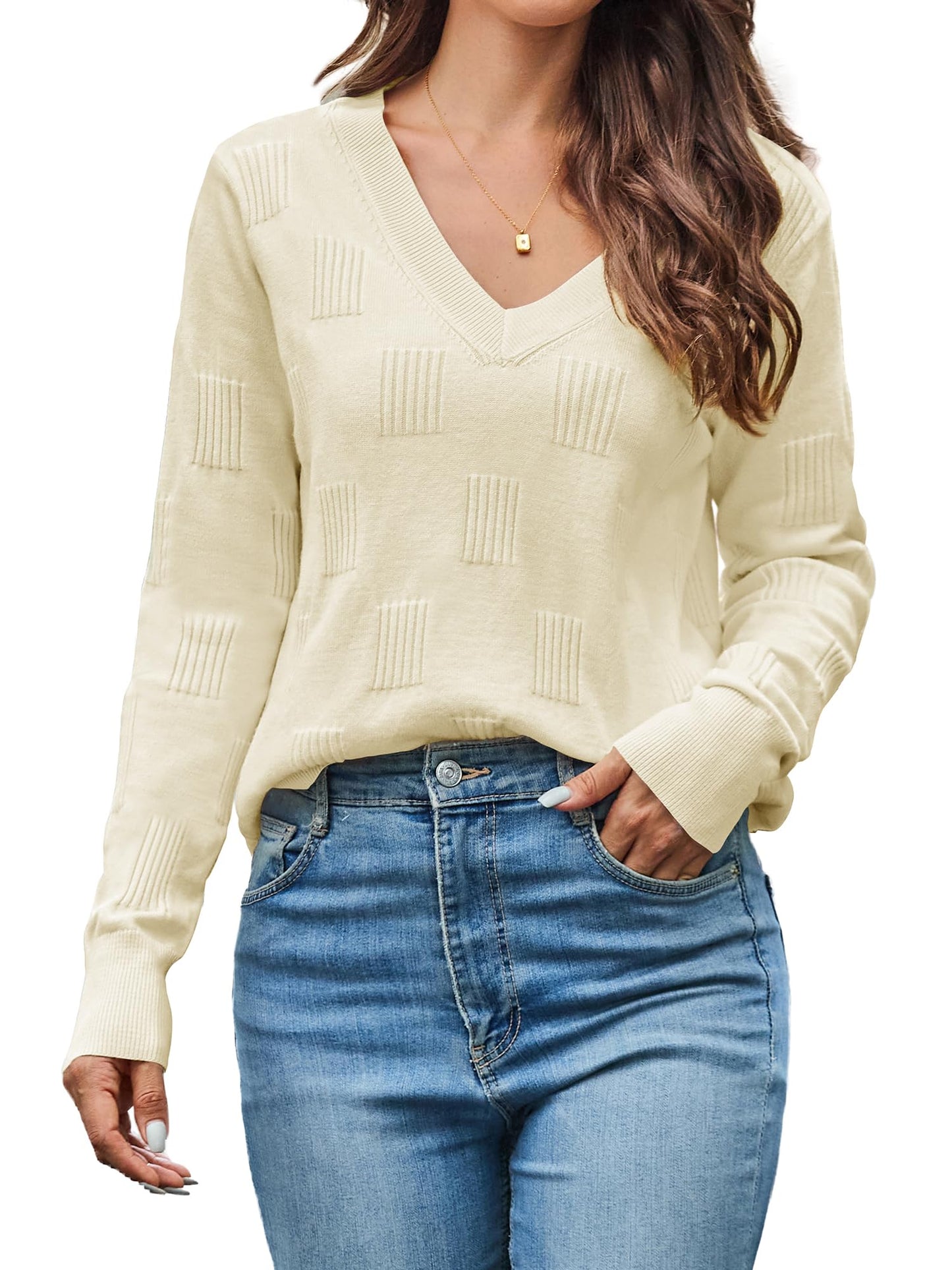 Women’s V-Neck Knit Sweater – Long Sleeve Casual Elegant Pullover