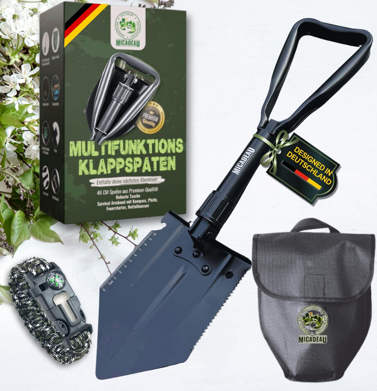 MiCadeau Klappspaten, Ostergeschenk, Geburtstagsgeschenk für Männer, Garten Spaten, Schaufel aus robustem Karbonstahl m. Gürteltasche, ideal fürs Abenteuer, Zelten, Outdoor, Autozubehör (Schwarz)