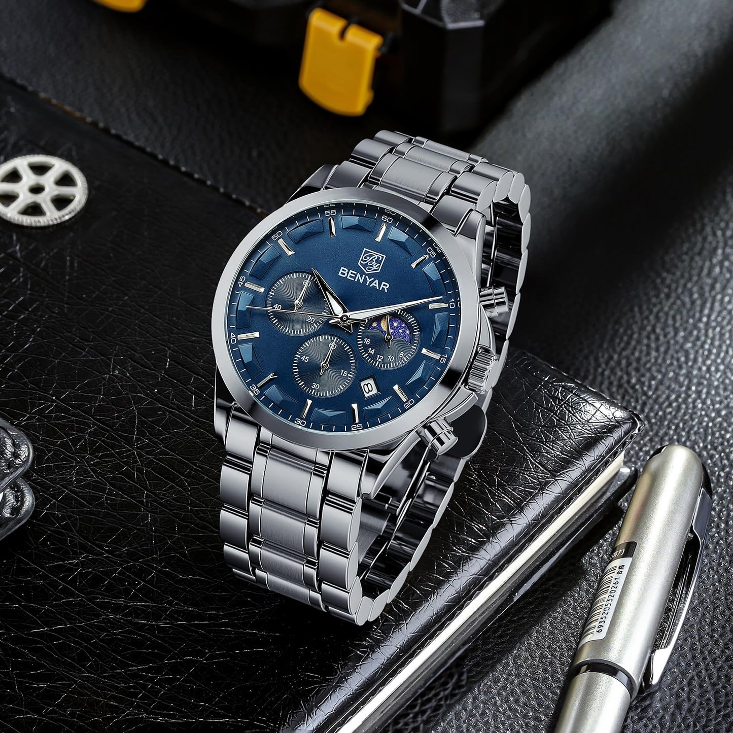BY BENYAR Uhren Herren Chronograph Analog Quarz Wasserdicht Armbanduhr Herren Mode Lässig Business Herrenuhr mit Kalender Lederarmband/Edelstahlarmband Uhr Geschenk für Männer