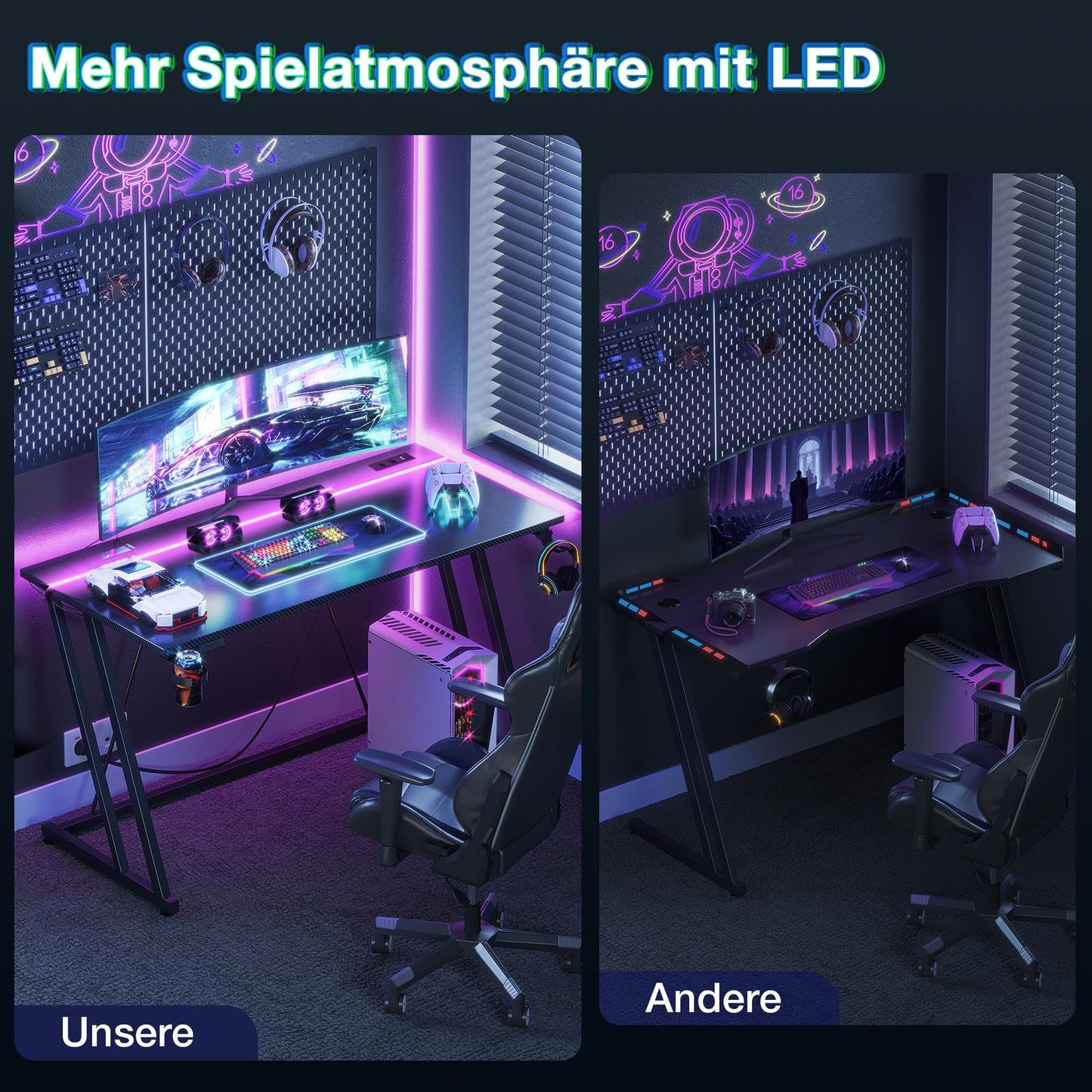 ODK Gaming Tisch mit LED & Steckdose, Gaming Schreibtisch mit Becherhalter und Kopfhörerhaken, Doppel-Z-Rahmen-Design Kleiner Computertisch, Carbon Fiber Schwarz PC Tisch 120 cm