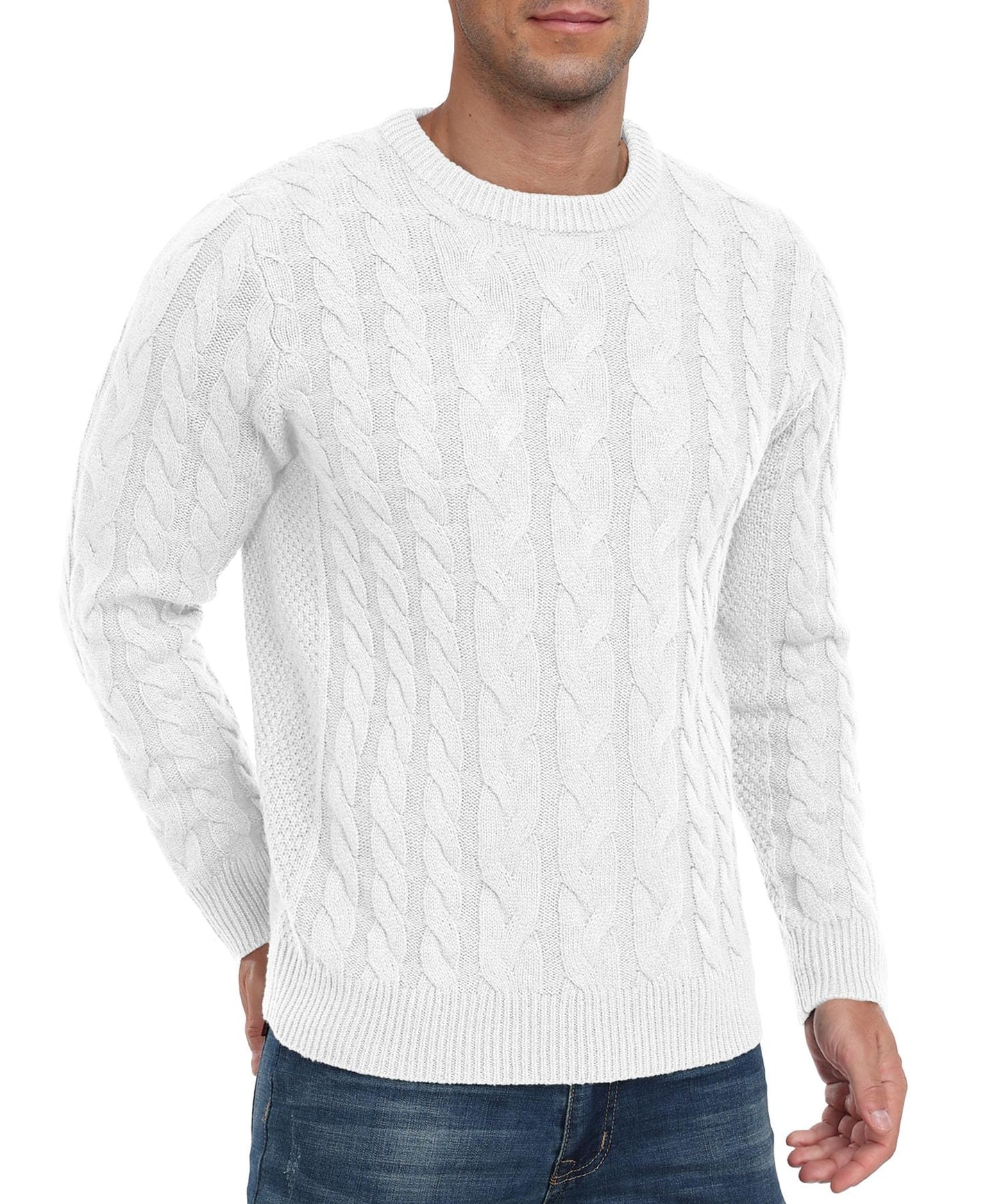 QIXING Men’s Cable Knit Sweater – Chunky Crewneck Pullover
